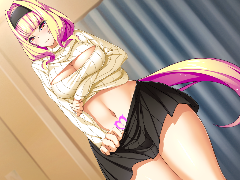 miyashiro ryuutarou, kouyoku senki exs-tia, game cg, large variant set, non-web source, official art, variant set, 1girl, azarin (exs-tia), black skirt, blonde hair, blunt bangs, blush, breasts, casual, cleavage, cleavage cutout, clothes lift, clothes pull, clothing cutout, dutch angle, facial mark, hair intakes, hairband, heart, indoors, large breasts, long hair, long sleeves, looking at viewer, midriff, miniskirt, multicolored hair, navel, open-chest sweater, pleated skirt, pubic tattoo, red eyes, ribbed sweater, skirt, skirt pull, solo, sweater, sweater lift, tattoo, turtleneck, very long hair