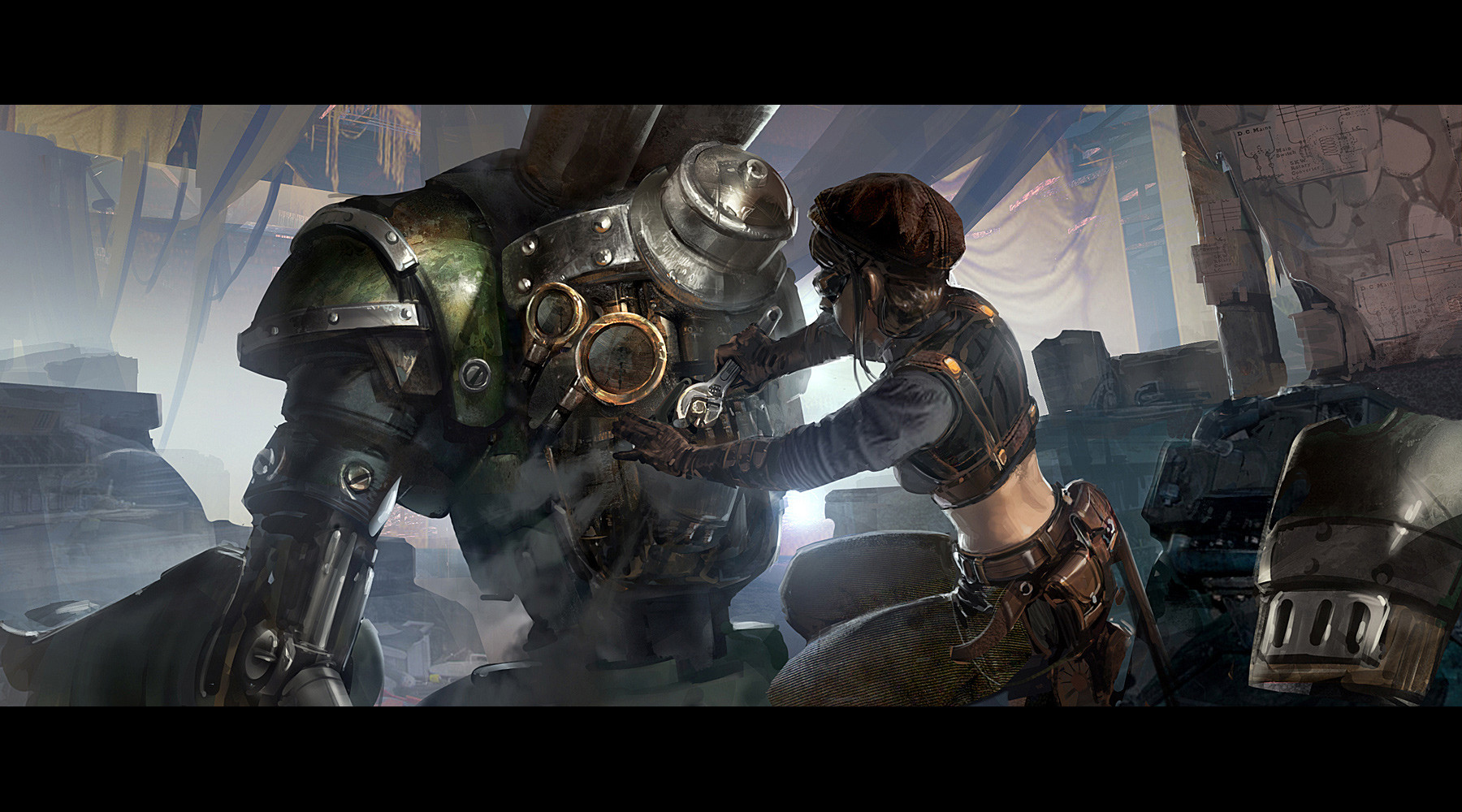 ben lo, highres, 1girl, armor, belt, blurry, breasts, brown gloves, brown hair, brown hat, crop top, depth of field, diagram, elbow gloves, full body, gloves, hat, holding, holding wrench, indoors, leather, leather gloves, letterboxed, machinery, medium hair, object head, painterly, privateer press, repairing, robot, scenery, screw, seiza, shoulder armor, sidelocks, sitting, stomach, workshop, wrench