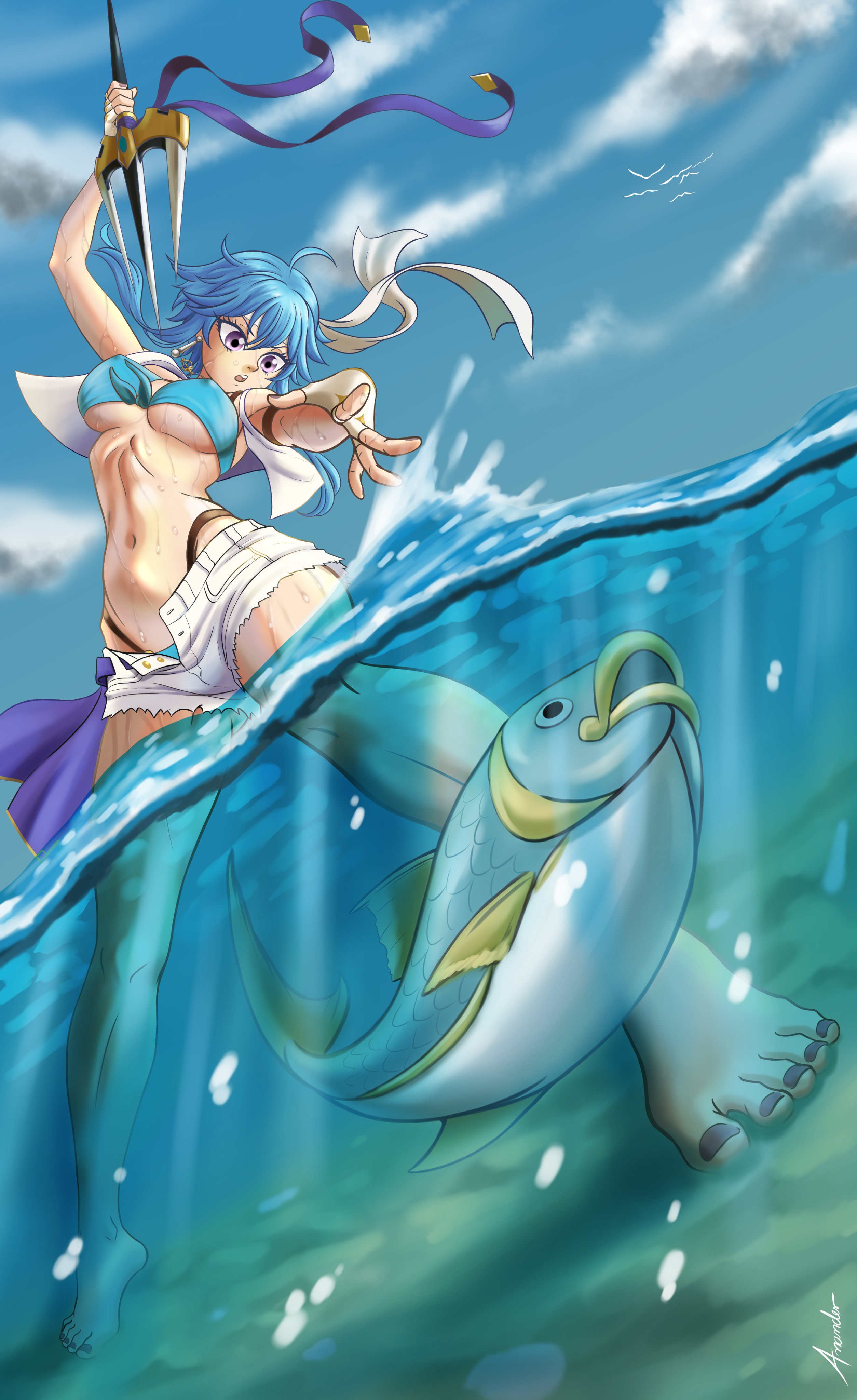 anander0, selia (mrtalkingdino), fire emblem, fire emblem: genealogy of the holy war, nintendo, original, absurdres, commission, commissioner upload, highres, 1girl, ahoge, armlet, bare legs, bikini, bikini under shorts, bird, blue hair, breasts, covered erect nipples, day, earrings, fingerless gloves, fish, fishing, foreshortening, front-tie bikini top, front-tie top, gloves, headband, highleg, highleg bikini, holding, holding polearm, holding weapon, if they mated, jacket, jewelry, legs, nail polish, navel, necklace, ocean, open clothes, open fly, partially submerged, partially underwater shot, polearm, purple eyes, ripples, sand, sash, short hair, short shorts, shorts, sidelocks, sleeveless, sleeveless jacket, solo, standing, stomach, string bikini, swimsuit, tomboy, trident, underboob, waist sash, water, weapon, wet, white headband