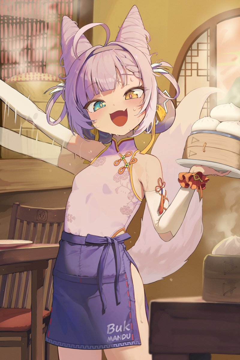 emma 0215, tenko shibuki, stellive, chinese commentary, commentary request, highres, 1girl, afterimage, ahoge, apron, bamboo steamer, bare shoulders, blue eyes, blush, braid, braided bangs, breasts, bridal gauntlets, bright pupils, bun cover, chair, china dress, chinese clothes, cone hair bun, cowboy shot, double bun, dress, fang, food, fox girl, fox tail, hair bun, heterochromia, huge ahoge, indoors, lattice, multicolored hair, open mouth, pink pupils, purple apron, purple dress, purple hair, skin fang, sleeveless, sleeveless dress, small breasts, smile, standing, steam, steamed bun, sweat, tail, tail raised, two-tone hair, virtual youtuber, waist apron, waving, white hair, white pupils, yellow eyes