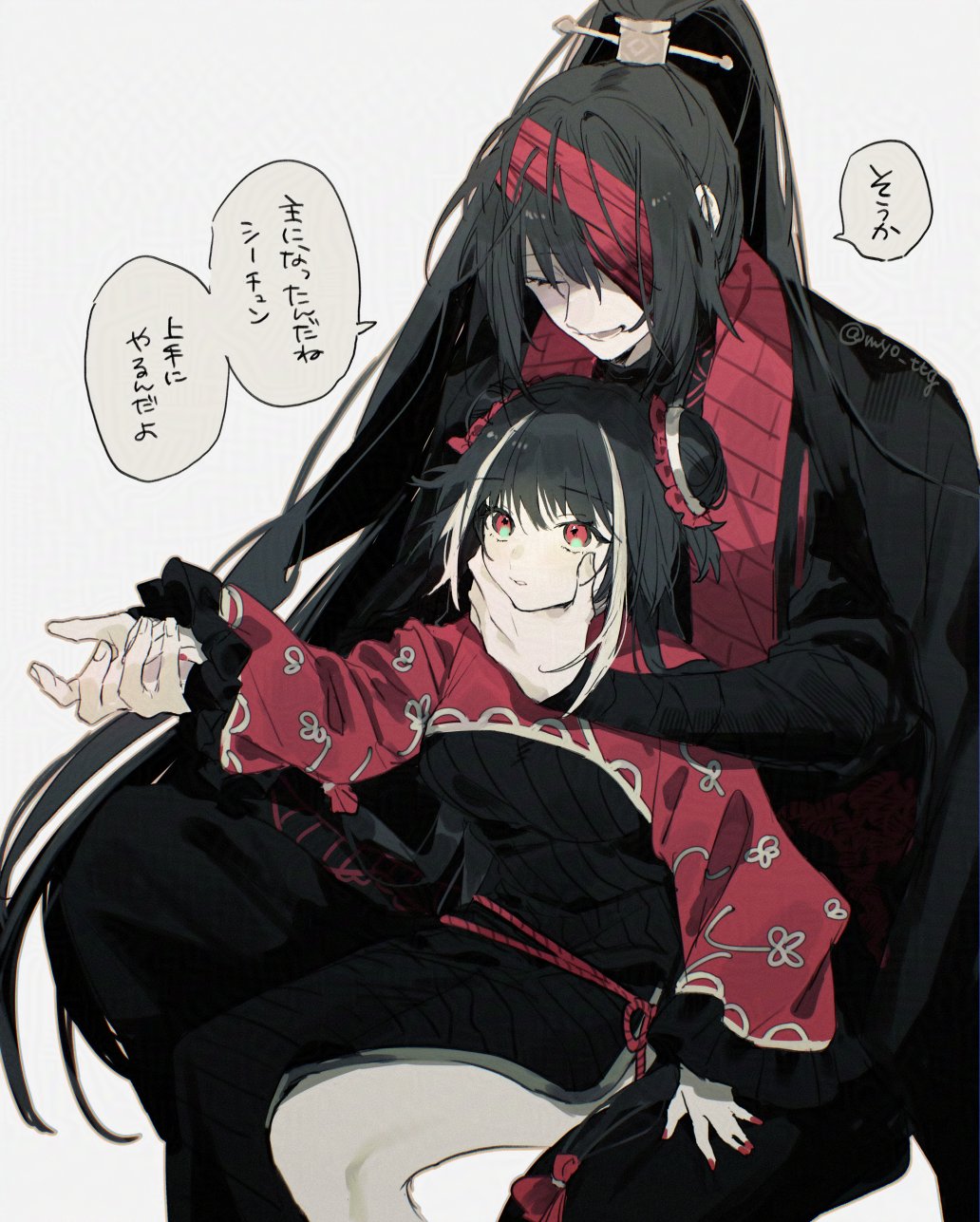 myo (mio), hong lu (project moon), jia xichun (project moon), limbus company, project moon, highres, 1boy, 1girl, bandage over one eye, black dress, black hair, black hanfu, chinese clothes, closed eyes, double bun, dress, family hierarch candidate (identity) (project moon), grabbing another's face, hair bun, hanfu, head grab, high ponytail, long hair, long sleeves, looking at another, multicolored hair, ponytail, red bandage, red eyes, red nails, red shrug, rope belt, simple background, sitting, stole, streaked hair, twintails, upper body, white background