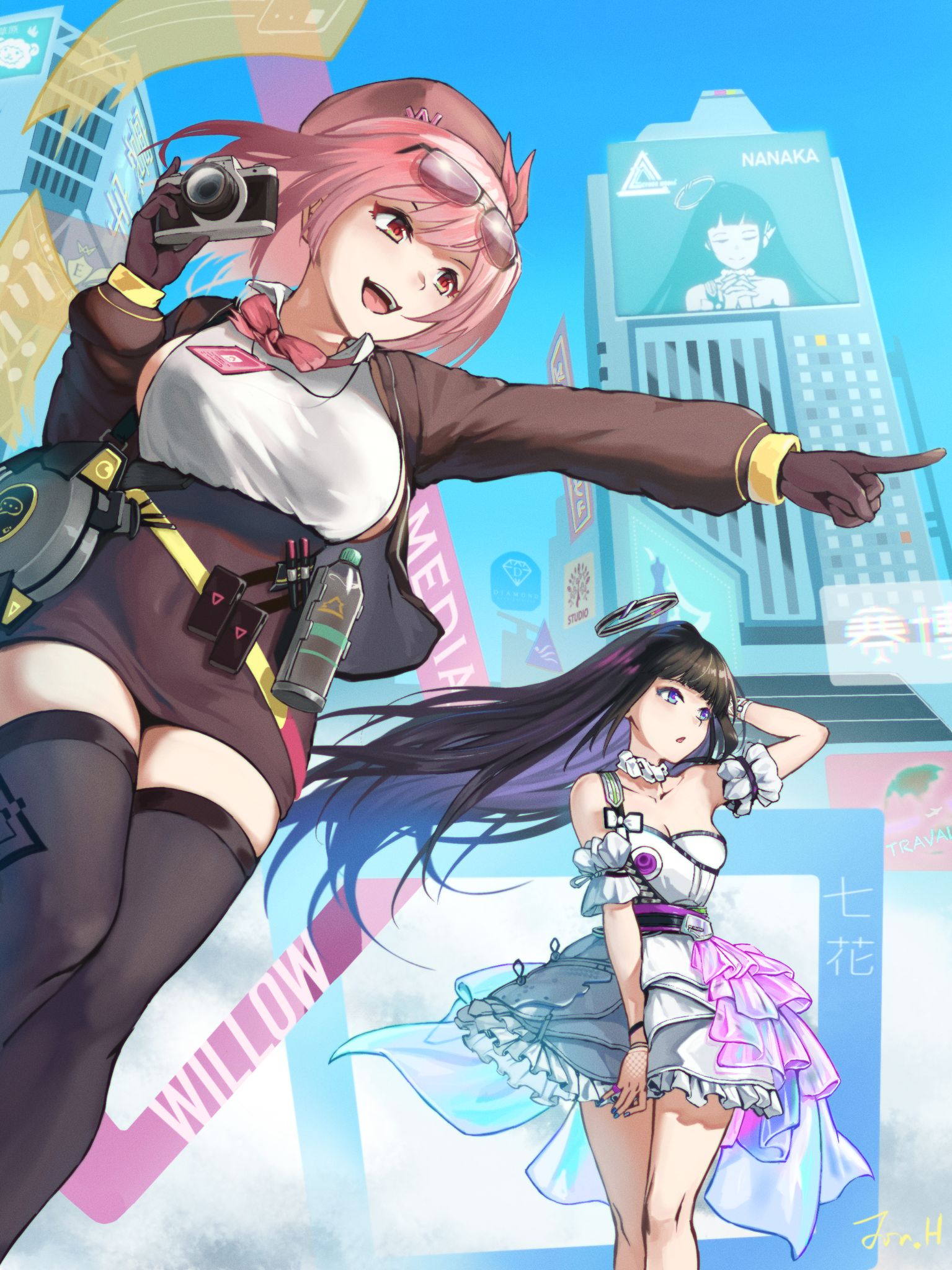 jonathan h, nanaka (neural cloud), willow (neural cloud), girls' frontline, girls' frontline neural cloud, chinese commentary, commentary request, highres, 2girls, :d, arm behind head, black hair, black halo, black thighhighs, blue eyes, blue sky, breasts, brown jacket, brown skirt, building, camera, character name, cleavage, collared shirt, dress, eyewear on head, feet out of frame, floating hair, halo, holding, holding camera, jacket, large breasts, long hair, medium hair, miniskirt, multiple girls, open clothes, open jacket, open mouth, parted lips, pencil skirt, pink hair, plastic bottle, pointing, red eyes, shirt, short dress, sideboob, sideless shirt, skirt, sky, skyscraper, smile, strapless, strapless dress, sunglasses, teeth, thighhighs, upper teeth only, white dress, white shirt, zettai ryouiki