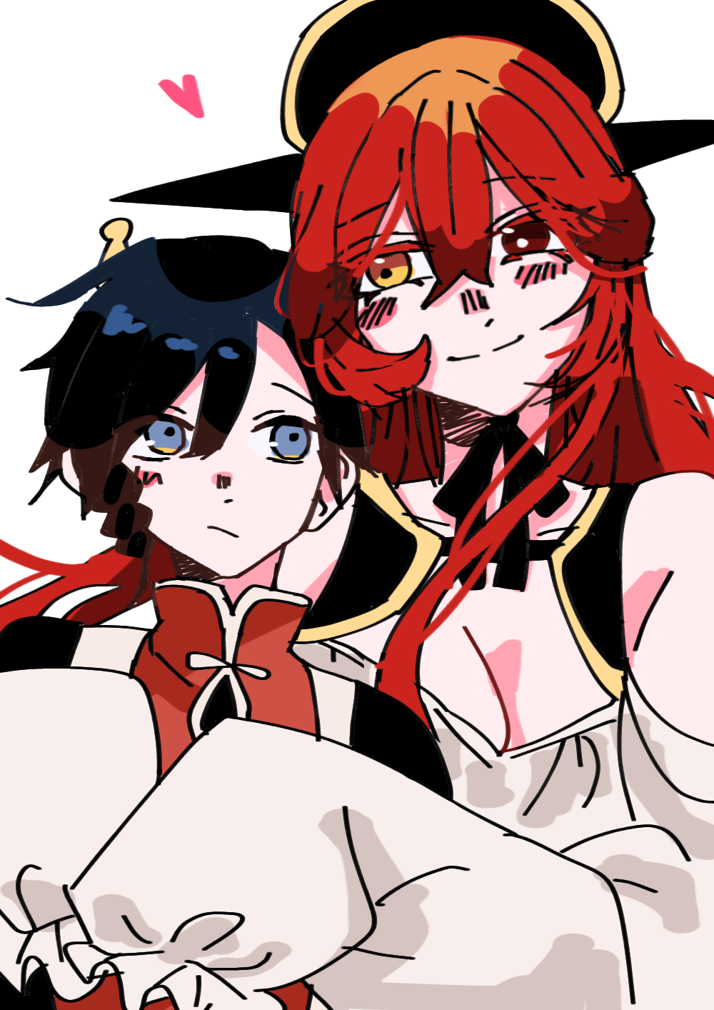chiyou (kaedegami), kaedegami, 1boy, 1girl, age difference, black hair, blue eyes, breasts, cleavage, heterochromia, large breasts, long hair, red hair