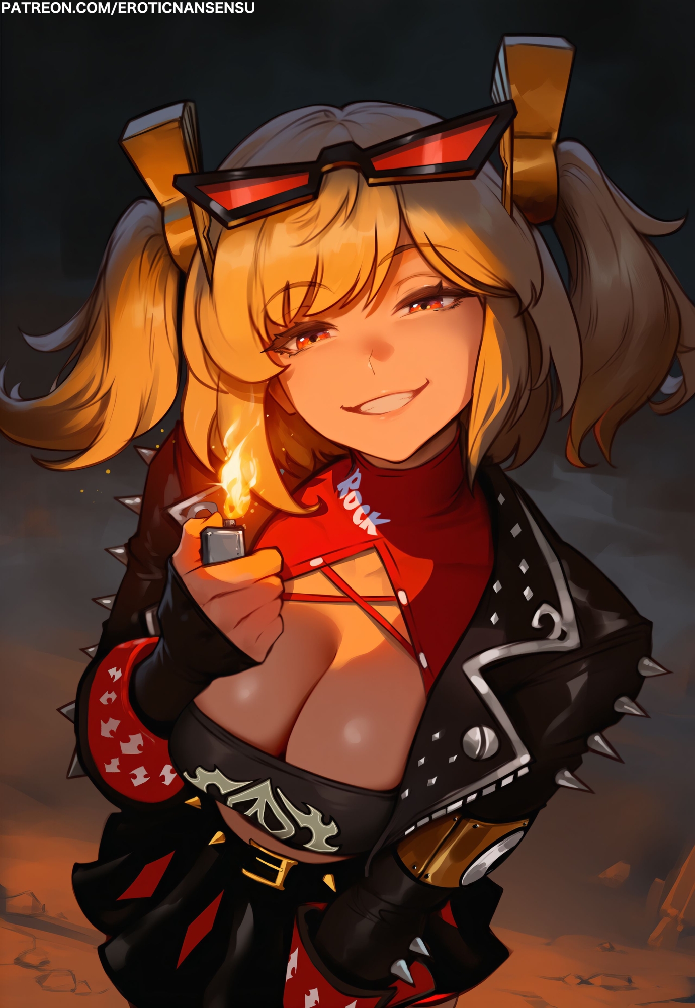 erotic nansensu, burnice white, zenless zone zero, highres, black skirt, blonde hair, breasts, eyewear on head, holding, holding lighter, jacket, large breasts, lighter, looking at viewer, open clothes, open jacket, red eyes, short twintails, skirt, smile, solo, sunglasses, twintails
