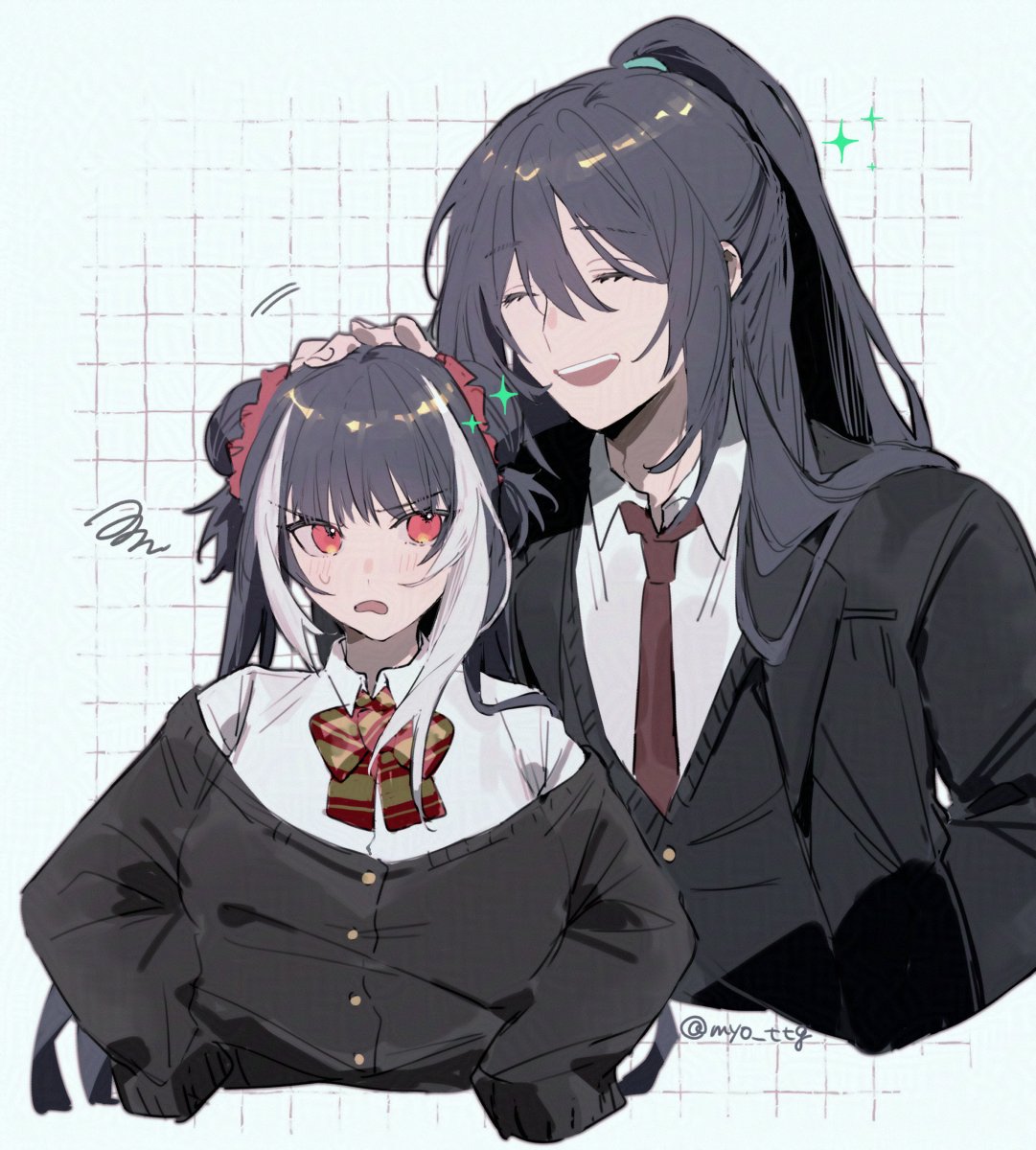 myo (mio), hong lu (project moon), jia xichun (project moon), limbus company, project moon, highres, 1boy, 1girl, alternate costume, annoyed, black cardigan, black coat, black hair, black vest, bow, bowtie, cardigan, closed eyes, coat, collared shirt, double bun, hair bun, headpat, high ponytail, long hair, long sleeves, looking at another, multicolored hair, necktie, open mouth, ponytail, red bow, red bowtie, red eyes, red necktie, shirt, siblings, simple background, smile, streaked hair, twintails, upper body, vest, white background, white shirt