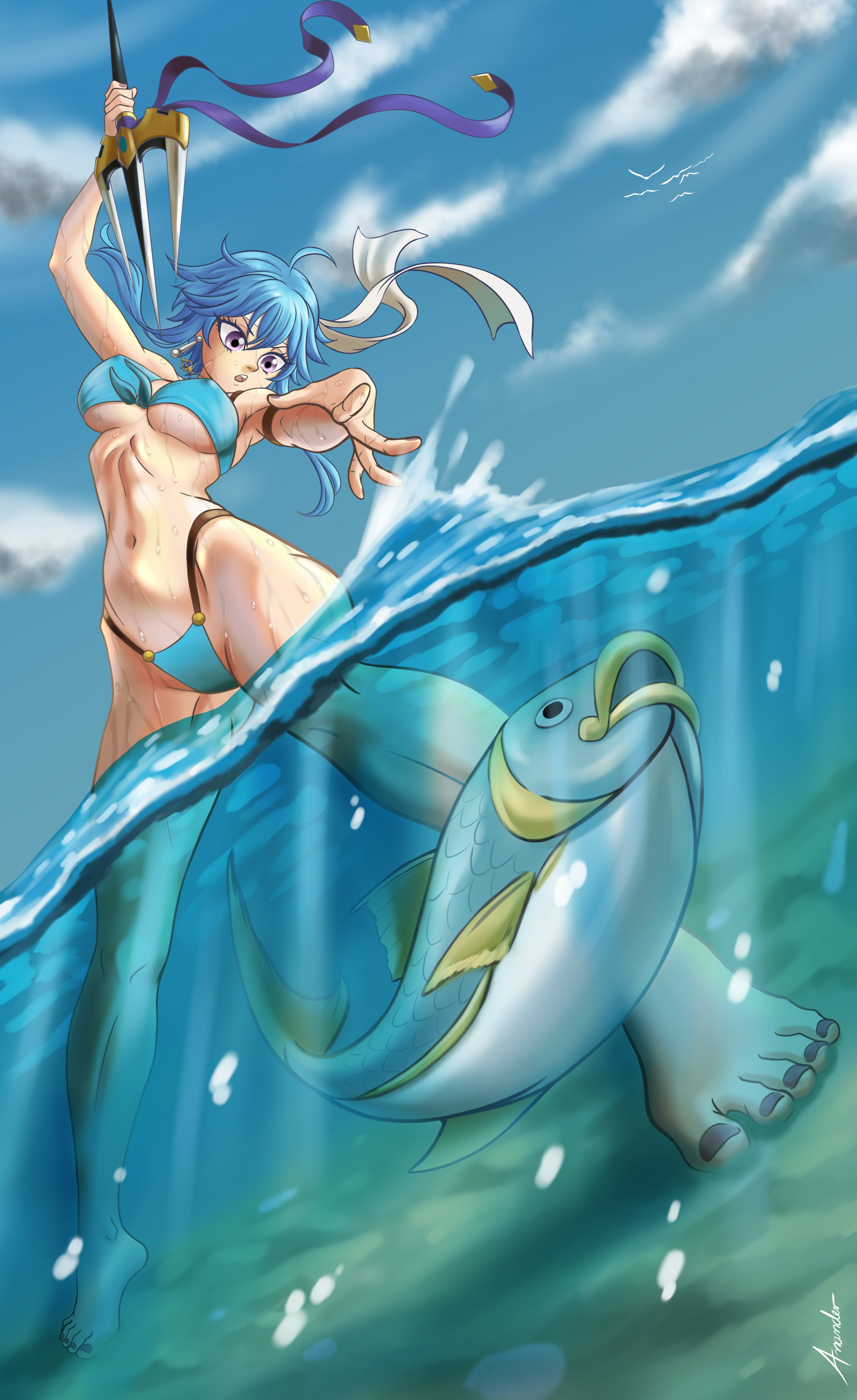 anander0, selia (mrtalkingdino), fire emblem, fire emblem: genealogy of the holy war, nintendo, original, absurdres, commission, commissioner upload, highres, 1girl, ahoge, armlet, bare legs, bikini, bird, blue hair, breasts, covered erect nipples, day, earrings, fish, fishing, foreshortening, front-tie bikini top, front-tie top, headband, highleg, highleg bikini, holding, holding polearm, holding weapon, if they mated, jewelry, legs, nail polish, navel, necklace, ocean, partially submerged, partially underwater shot, polearm, purple eyes, ripples, sand, short hair, sidelocks, solo, standing, stomach, string bikini, swimsuit, tomboy, trident, underboob, water, weapon, wet, white headband