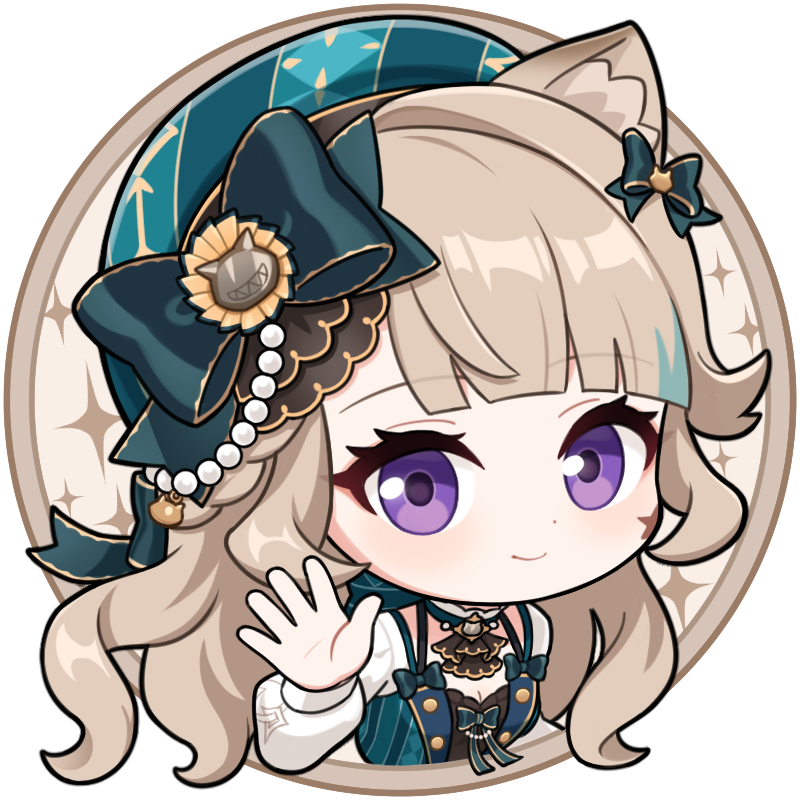 jiu fanglianhua, genshin impact, commentary request, 1girl, animal ear fluff, animal ears, ascot, black ascot, blue hat, blush, cat ears, chibi, chibi only, closed mouth, grey hair, hand up, hat, long hair, long sleeves, looking at viewer, lynette (genshin cafe in seoul) (genshin impact), official alternate costume, purple eyes, simple background, smile, solo, white background