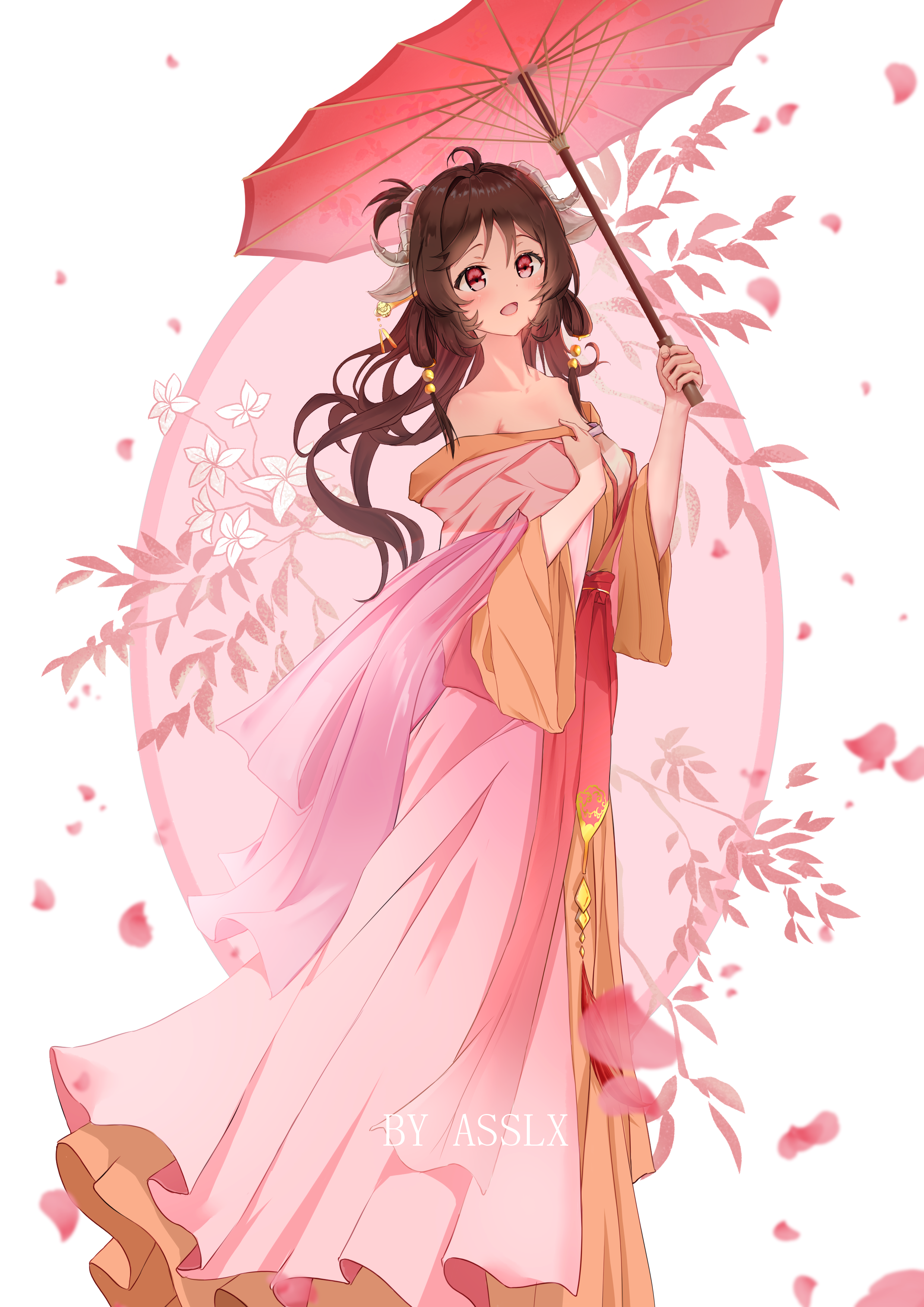 eyjafjalla (arknights), arknights, absurdres, commentary request, highres, 1girl, :d, ahoge, animal ears, artist name, asslx, bare shoulders, blush, brown hair, collarbone, curled horns, dress, falling petals, grey horns, hand on own chest, holding, holding umbrella, horns, long dress, long hair, looking at viewer, off shoulder, oil-paper umbrella, open mouth, parasol, petals, pink dress, pink eyes, sheep ears, sheep girl, sheep horns, smile, solo, umbrella, watermark, wide sleeves
