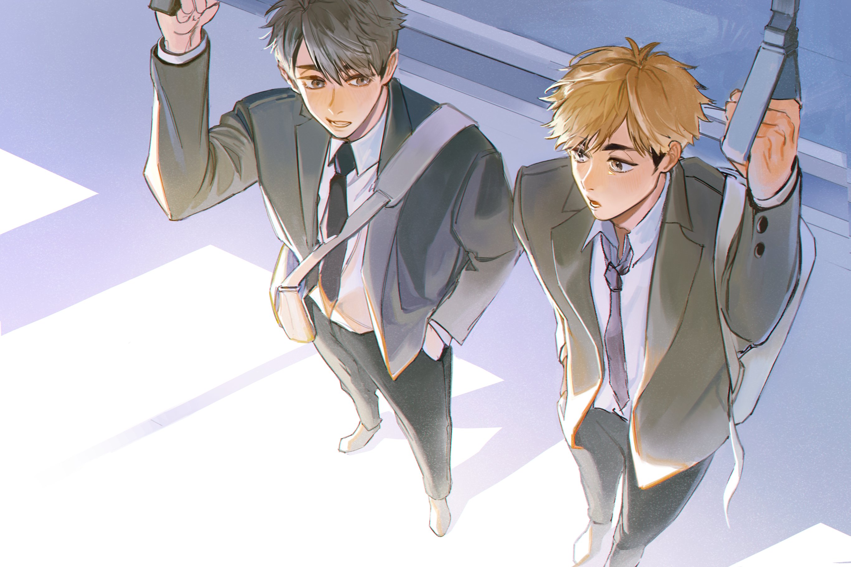 cookiechochop, miya atsumu, miya osamu, haikyuu!!, highres, 2boys, arm up, bag, black hair, black necktie, black pants, blonde hair, brothers, buttoned cuffs, buttons, formal clothes, jacket, lapels, long sleeves, looking to the side, male focus, multicolored hair, multiple boys, necktie, notched lapels, open clothes, open collar, open jacket, open mouth, pants, parted bangs, purple necktie, shirt, shirt tucked in, shoes, shoulder bag, siblings, sideways glance, standing, suit, suit jacket, twins, two-tone hair, white shirt, yellow eyes