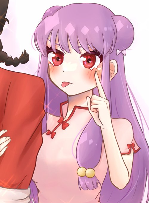 saotome ranma, shampoo (ranma 1/2), ranma 1/2, 1boy, 1girl, china dress, chinese clothes, double bun, dress, hair bun, long hair, pink dress, purple hair, sidelocks