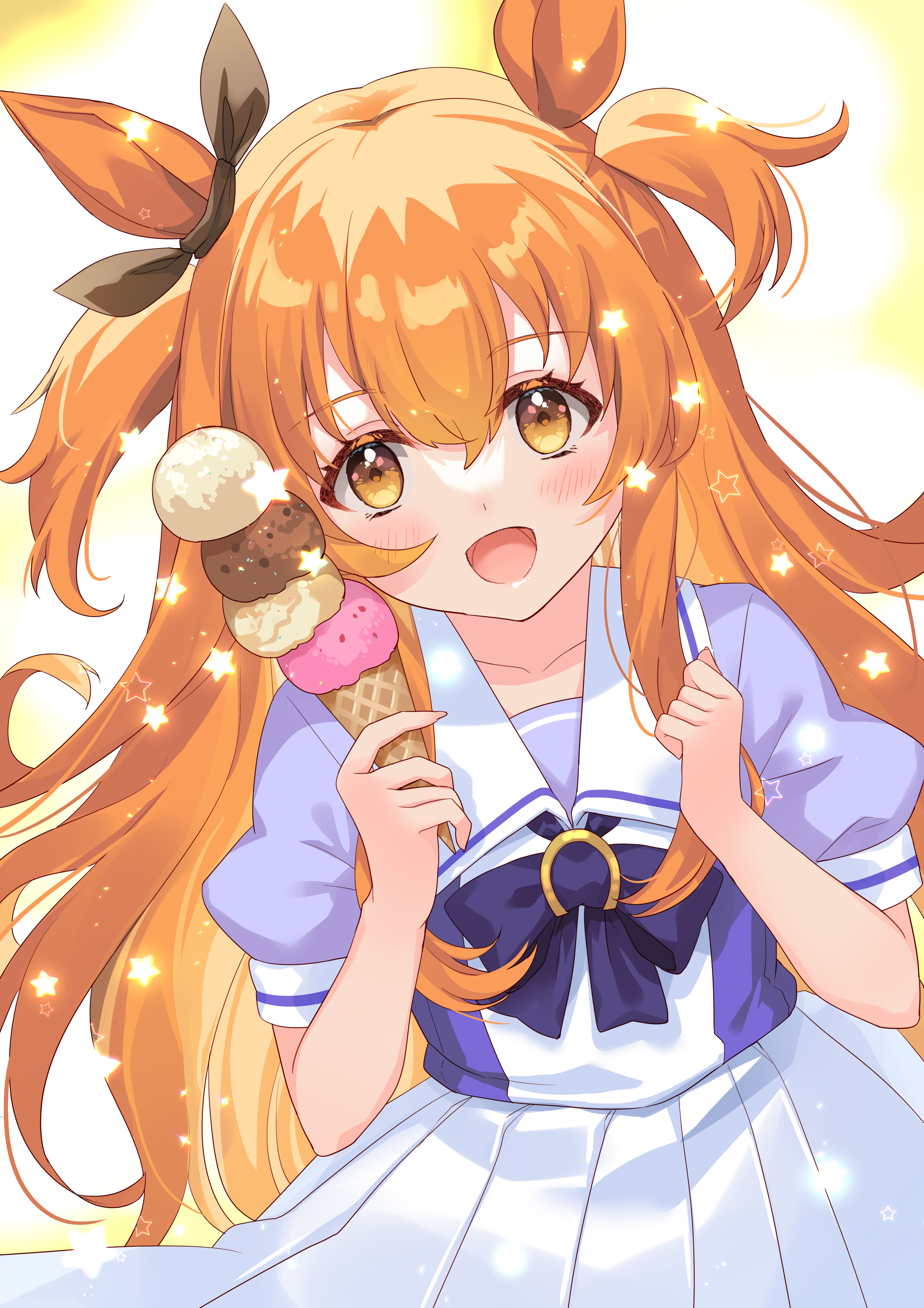 fujishiro kokoa, mayano top gun (umamusume), umamusume, absurdres, commentary request, highres, 1girl, animal ears, black ribbon, blue ribbon, blush, bow, bowtie, cowboy shot, dress, dutch angle, food, hair between eyes, hair ribbon, horse ears, horse girl, horseshoe ornament, ice cream, ice cream cone, long hair, looking at viewer, multiple scoops, neck ribbon, open mouth, orange hair, pleated skirt, puffy short sleeves, puffy sleeves, purple shirt, ribbon, sailor collar, sailor dress, sailor shirt, school uniform, shirt, short sleeves, skirt, sleeve cuffs, smile, solo, speech bubble, standing, star (symbol), summer uniform, tracen school uniform, two side up, white sailor collar, white skirt
