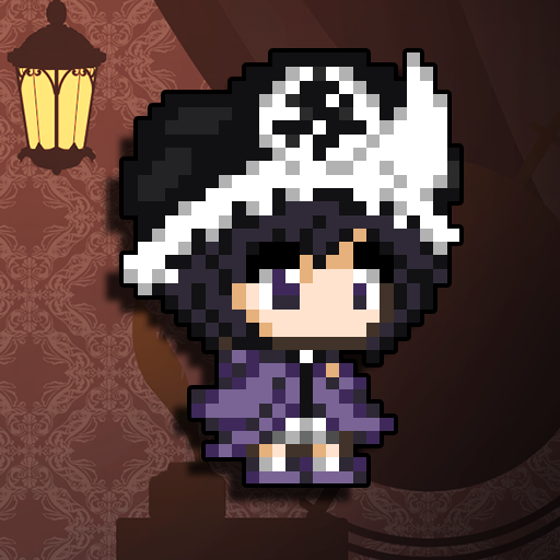 shitodo kuroji, len'en, commentary request, official art, 1other, androgynous, black hat, black shirt, boots, chibi, clothing cutout, frilled headwear, hair between eyes, hat, hood, hood down, hooded jacket, jacket, jynx (trick nostalgie), kneehighs, lantern, long sleeves, looking ahead, mob cap, no mouth, open clothes, open jacket, other focus, pixel art, purple boots, purple eyes, purple hair, purple jacket, red background, shade, shadow, shirt, short hair, shorts, shoulder cutout, single bare shoulder, sleeves past fingers, sleeves past wrists, socks, solo, standing, triangular headpiece, turtleneck, turtleneck shirt, white shorts, white socks, wide sleeves, zipper pull tab