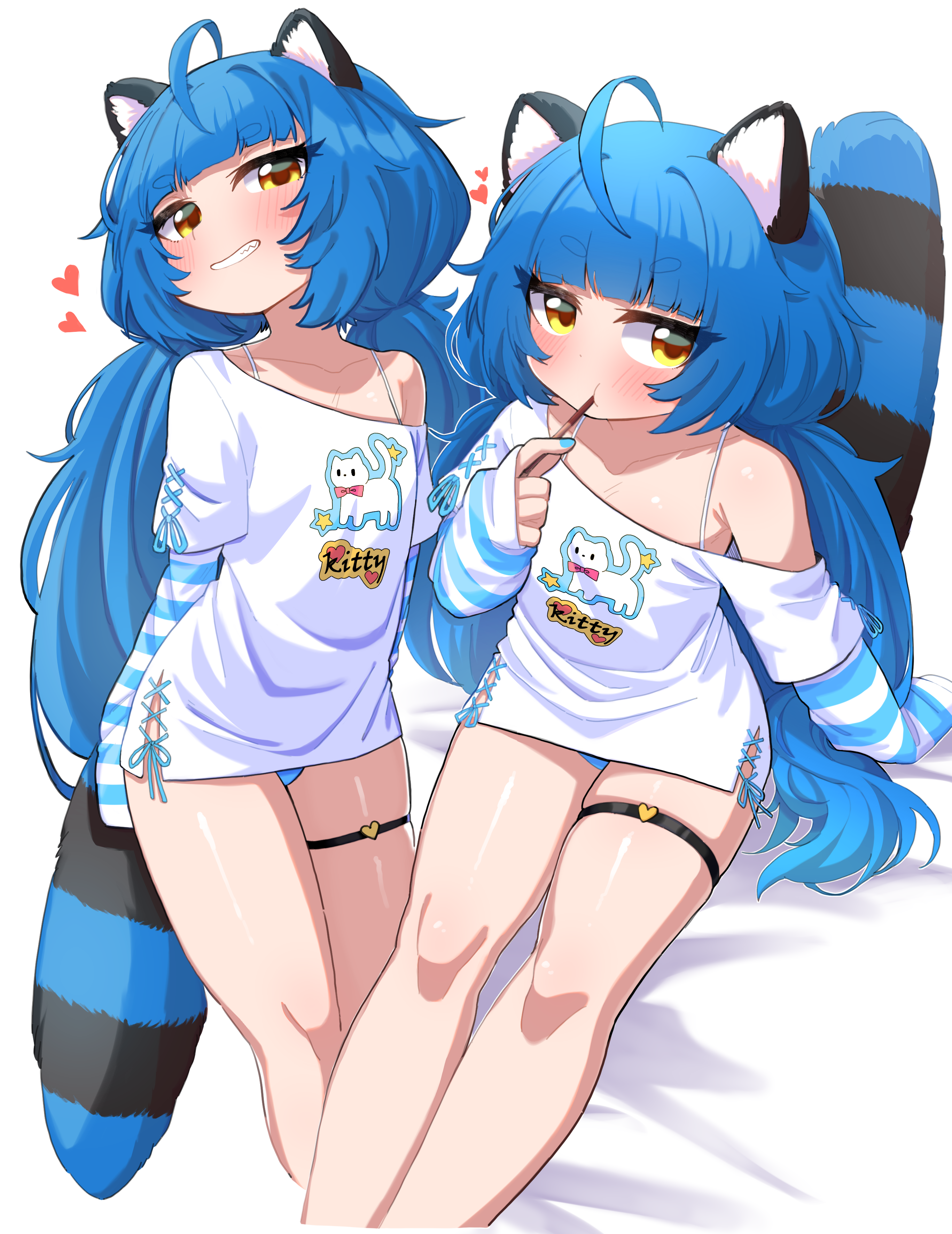 ryoshi, poko rakun, chromashift, absurdres, highres, 1girl, ahoge, animal ears, blue hair, food, long hair, multiple views, panties, pocky, raccoon ears, raccoon tail, shirt, tail, underwear, virtual youtuber