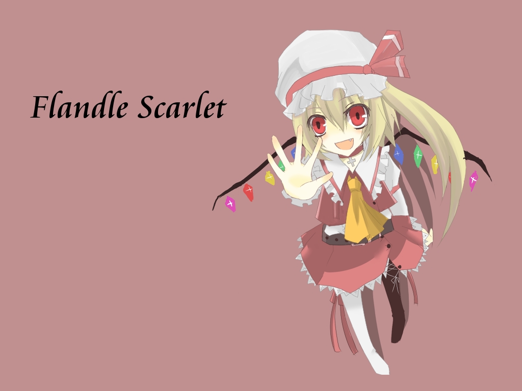 flandre scarlet, touhou, bad id, bad pixiv id, 1girl, bad anatomy, blonde hair, character name, female focus, hat, poorly drawn, ribbon, solo, vampire, wings