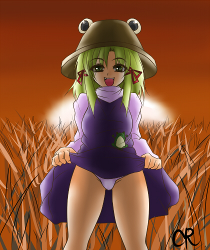 ifuji sakura, moriya suwako, touhou, bad id, bad pixiv id, lowres, 1girl, clothes lift, dress, female focus, gradient background, grass, hat, nature, outdoors, panties, plant, skirt, skirt lift, sky, solo, sunset, underwear