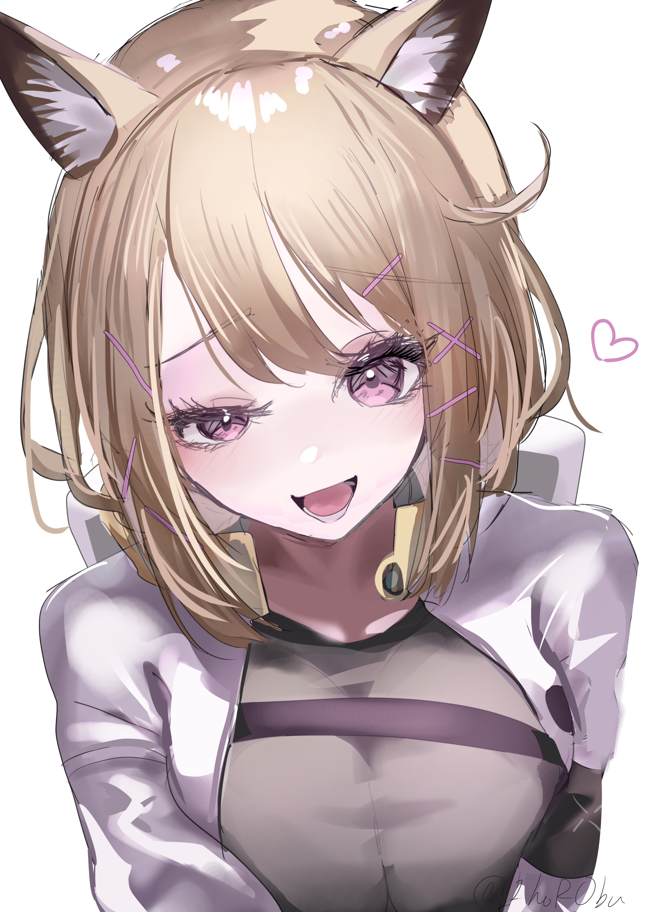 horobu, utage (arknights), arknights, absurdres, commentary request, highres, 1girl, animal ear fluff, animal ears, blonde hair, hair ornament, hairclip, heart, light blush, looking at viewer, lower teeth only, one-hour drawing challenge, open mouth, pink eyes, short hair, simple background, solo, teeth, twitter username, uneven eyes, upper body, watermark, white background, x hair ornament