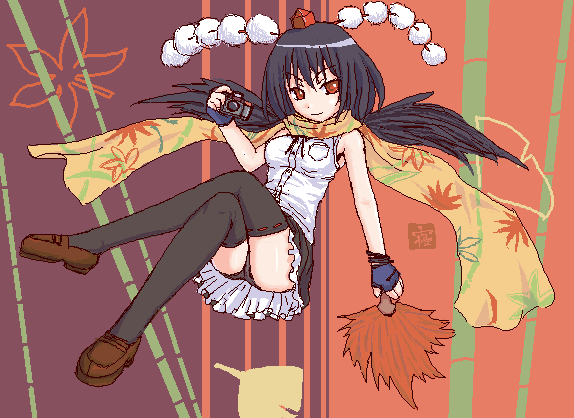 neru fia, shameimaru aya, touhou, 1girl, black wings, female focus, hat, looking at viewer, panties, smile, solo, thighhighs, underwear, wings
