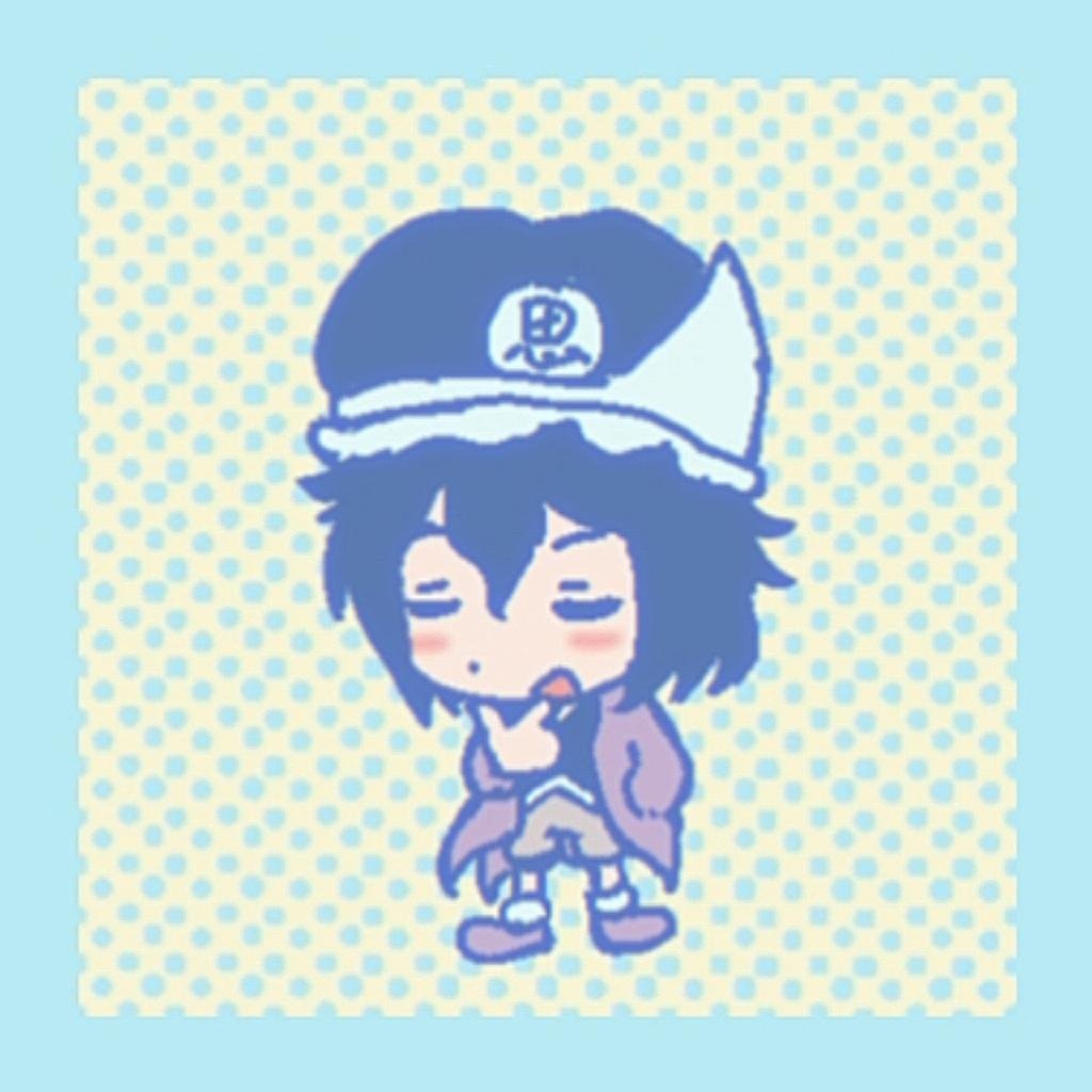 shitodo kuroji, len'en, artist request, commentary, english commentary, second-party source, 1other, androgynous, ankle socks, baggy shorts, black hair, black hat, black shirt, blue border, blush stickers, boots, border, chibi, closed eyes, coattails, collared shirt, dot nose, frilled headwear, grey shorts, hair between eyes, hand in pocket, happy, hat, jacket, long sleeves, mob cap, open clothes, open jacket, open mouth, other focus, polka dot, polka dot background, purple boots, purple jacket, shirt, short hair, shorts, smile, socks, solo, standing, triangular headpiece, white socks, yellow background