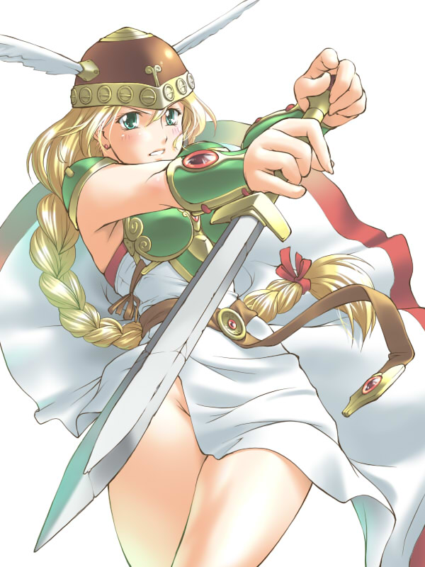 jon shicchiou, valkyrie (vnd), valkyrie no densetsu, 1girl, armor, armored dress, blonde hair, blush, braid, dress, female focus, green armor, green eyes, head wings, helmet, long hair, no panties, solo, sword, thighs, valkyrie, weapon, white background, wings