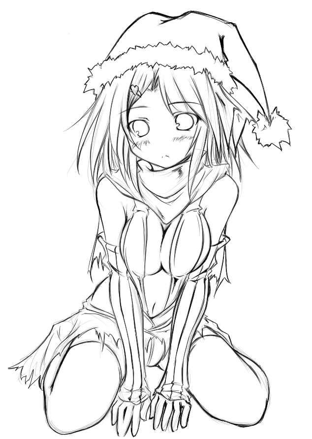 kaminagi (kaminagi-tei), assassin cross (ragnarok online), ragnarok online, elbow gloves, gloves, greyscale, hat, monochrome, santa hat, solo, thighhighs