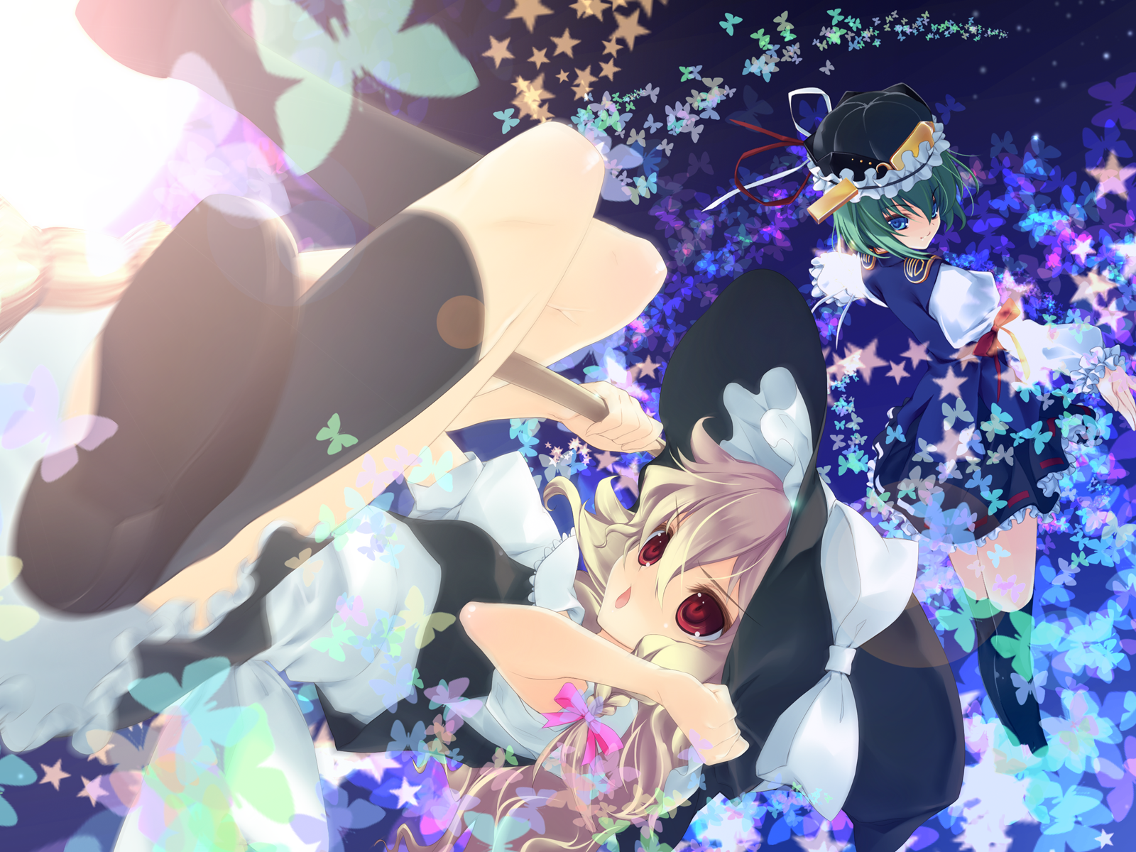 ikasoumen riku, mutai riku, kirisame marisa, shiki eiki, touhou, bad id, bad pixiv id, highres, 2girls, blonde hair, blue eyes, broom, broom riding, female focus, green hair, hat, multiple girls, red eyes, ribbon, star (symbol)