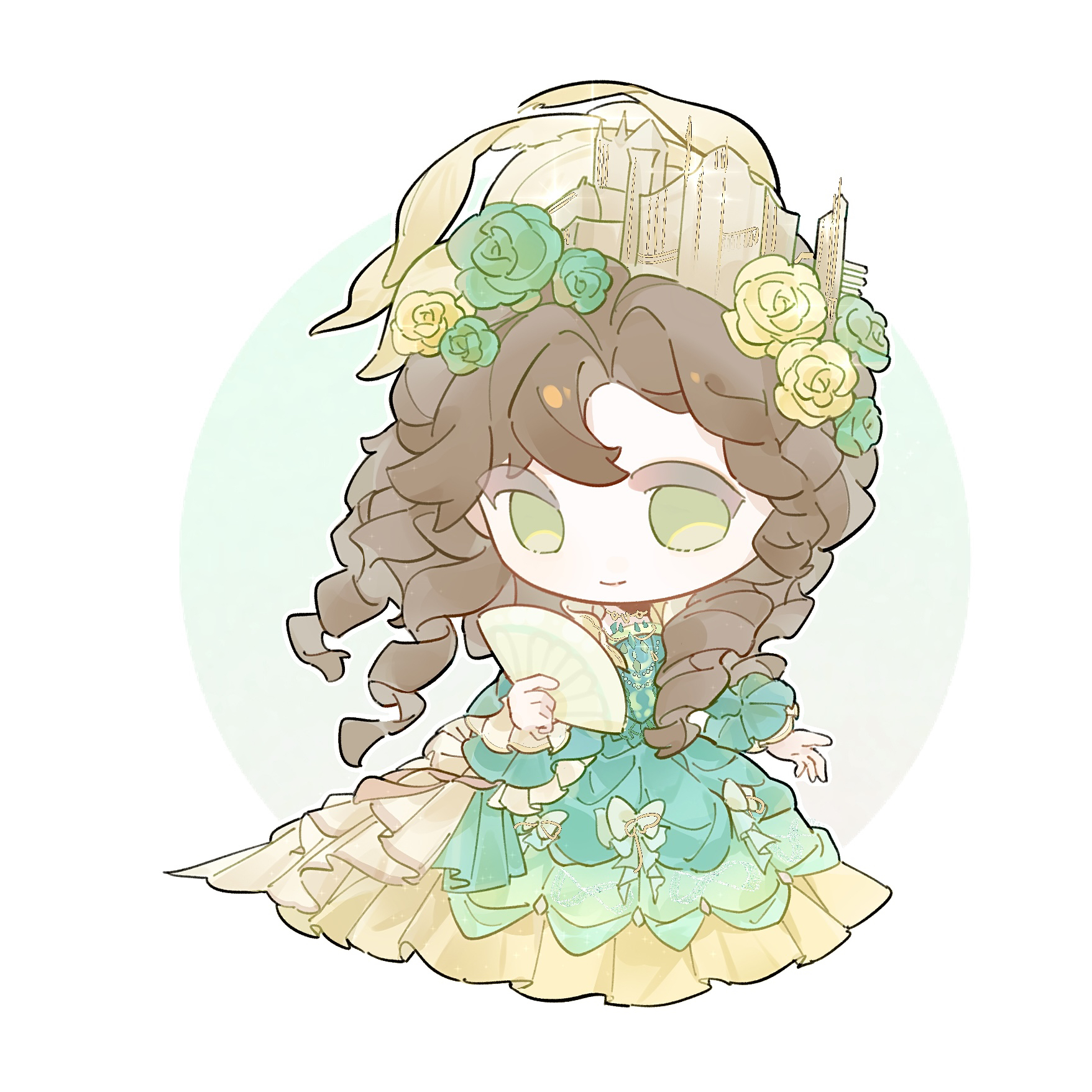 infinity nikki, nikki (series), chinese commentary, commentary request, highres, 1girl, aqua dress, bonnet, bow, brown hair, chibi, circle, closed mouth, dress, dress bow, drill hair, echoed dreams (infinity nikki), eyes visible through hair, flower, folding fan, frilled dress, frilled sleeves, frills, gold necklace, gown, green bow, green eyes, green flower, green rose, hair between eyes, hair flower, hair ornament, hair over shoulder, hand fan, happy, hat feather, holding, holding fan, jewelry, juliet sleeves, long dress, long hair, long sleeves, necklace, puffy sleeves, rose, smile, solo, standing, tareme, town, triti, victorian, white background, yellow bonnet, yellow flower, yellow rose