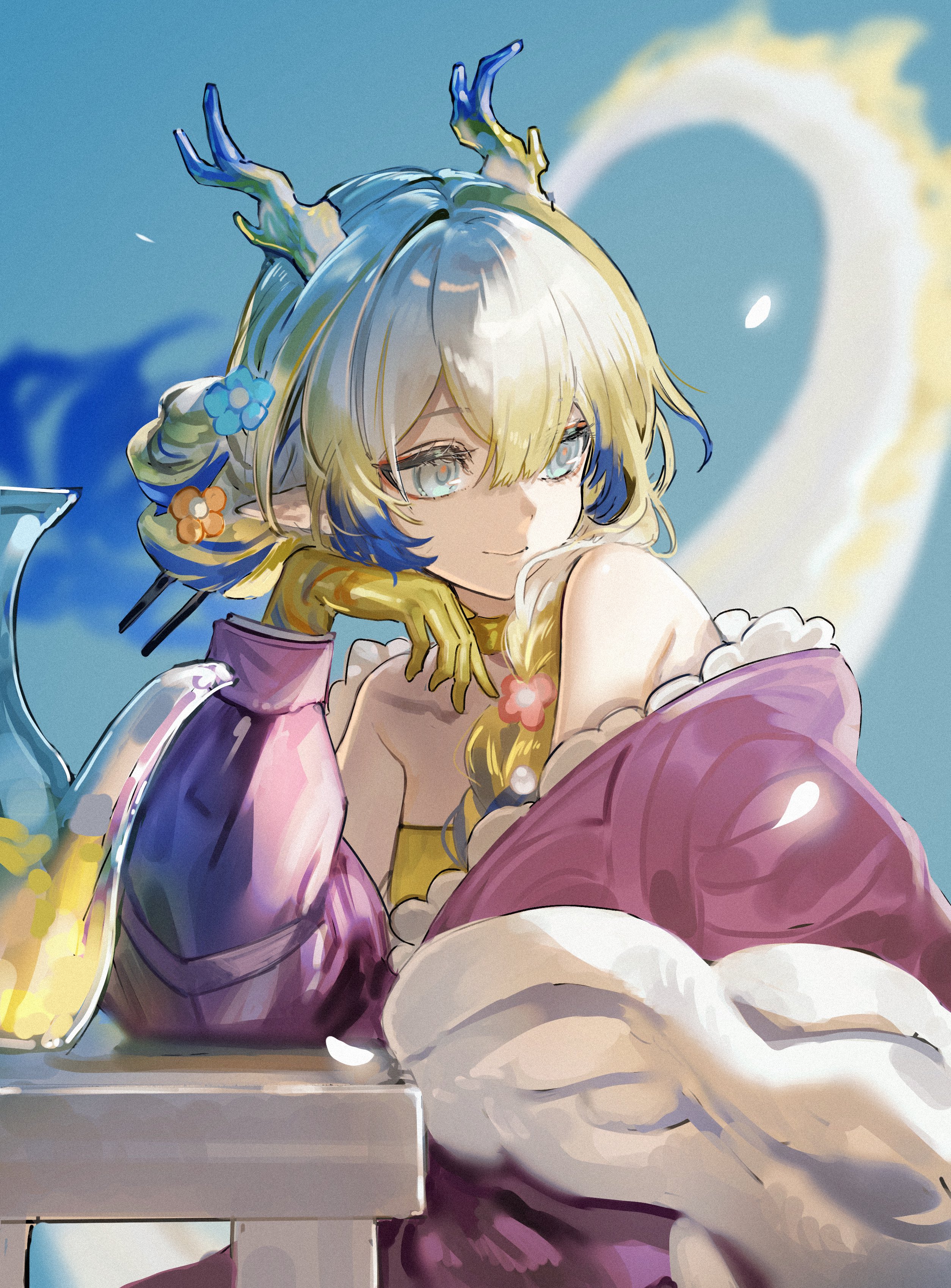 shu (arknights), shu (spring feast) (arknights), arknights, absurdres, hashtag-only commentary, highres, revision, 1girl, bare shoulders, blonde hair, blue eyes, blue hair, choker, closed mouth, colored extremities, dragon girl, dragon horns, dragon tail, grey hair, hair over shoulder, horns, jacket, long hair, long sleeves, looking to the side, off shoulder, official alternate costume, purple jacket, smile, solo, table, tail, tail raised, turning head, uneri tokidoki, yellow choker