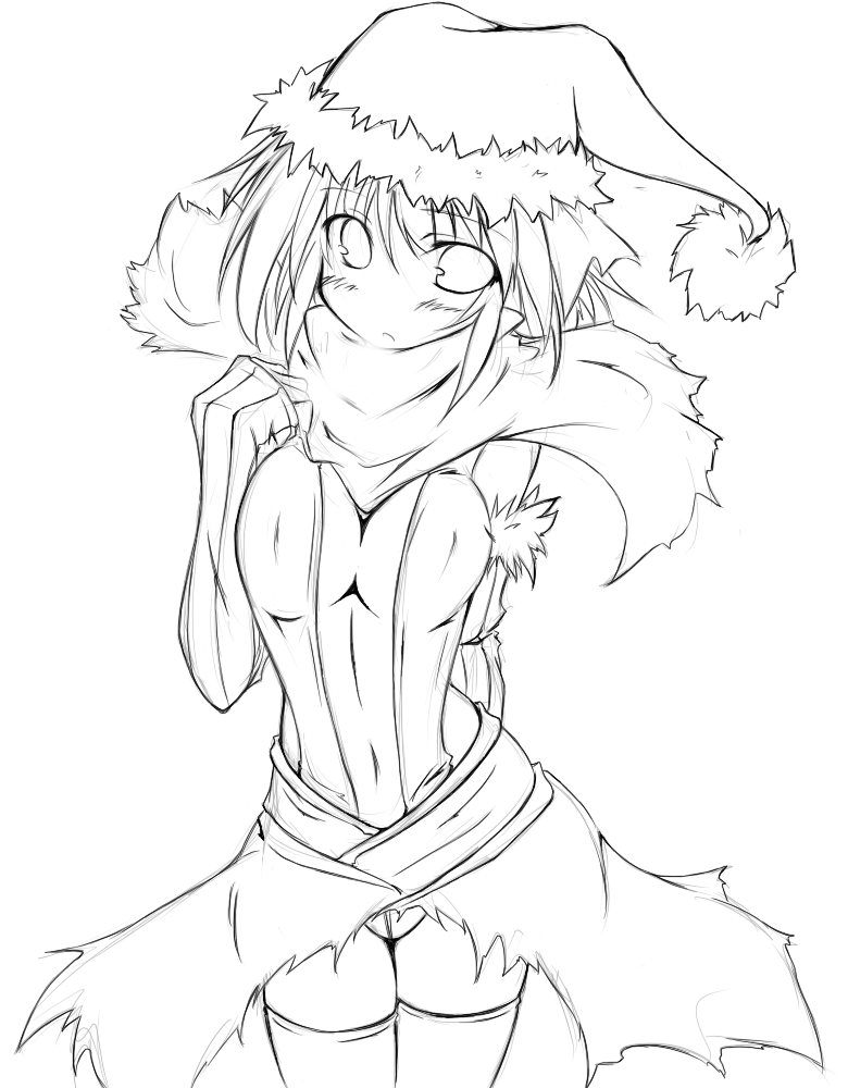 kaminagi (kaminagi-tei), assassin cross (ragnarok online), ragnarok online, elbow gloves, gloves, greyscale, hat, monochrome, santa hat, solo, thighhighs