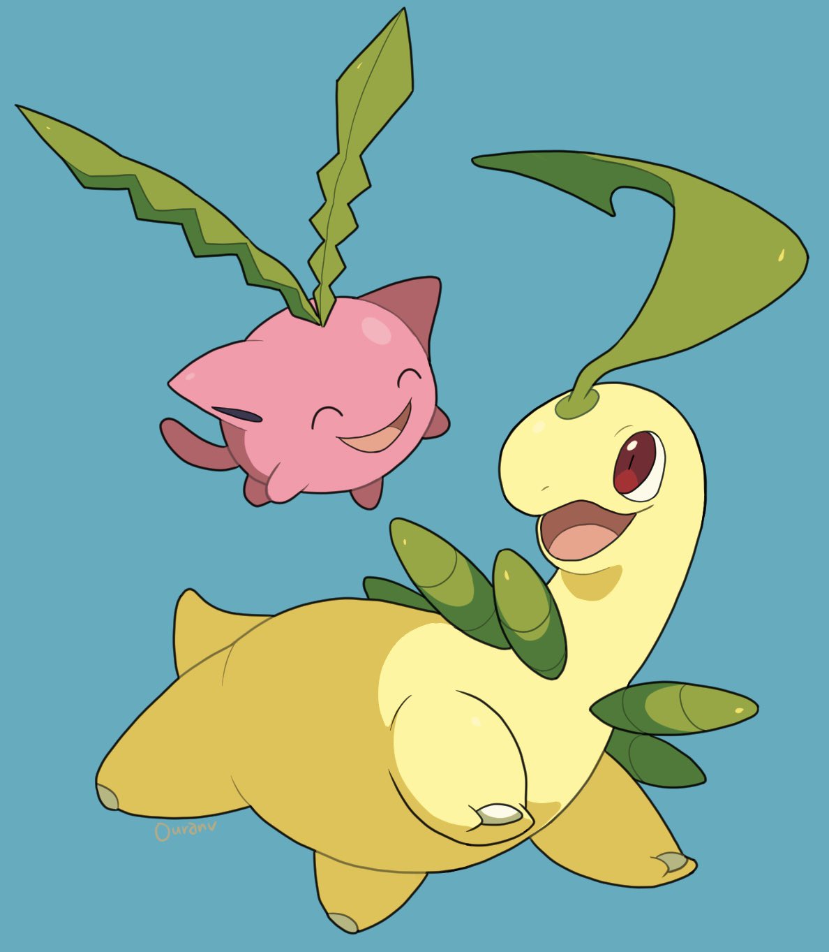 ouran, bayleef, hoppip, nintendo, pokemon, highres, blue background, closed eyes, full body, gen 2 pokemon, no humans, open mouth, pokemon (creature), pokemon focus, red eyes, simple background, smile, tail