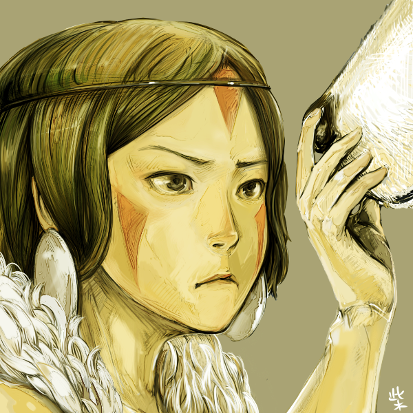 shiba o, san (mononoke hime), mononoke hime, studio ghibli, bad id, bad pixiv id, 1990s (style), brown eyes, brown hair, circlet, earrings, jewelry, realistic, retro artstyle, short hair, wolf