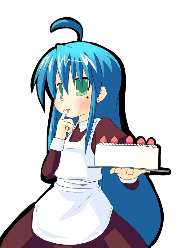 hujikok, izumi konata, lucky star, 00s, 1girl, ahoge, apron, blue hair, blush, cake, female focus, food, fruit, green eyes, licking, licking finger, long hair, mole, mole under eye, no pupils, pastry, simple background, solo, strawberry, white background