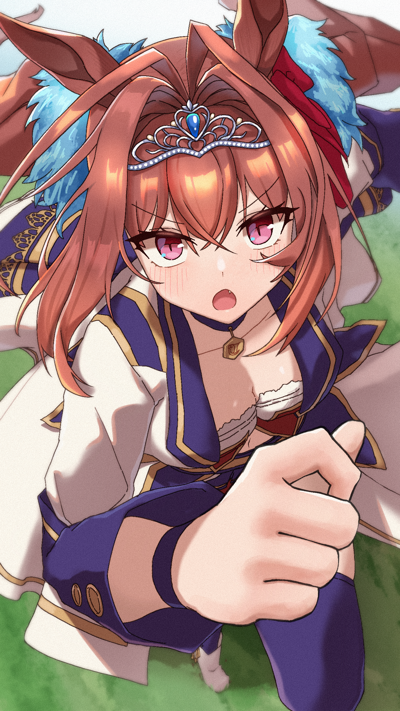nowoka, daiwa scarlet (umamusume), umamusume, absurdres, commentary, highres, 1girl, :o, animal ears, breasts, brown hair, cleavage, collarbone, hair intakes, horse ears, horse girl, long hair, looking at viewer, navel, official alternate costume, open mouth, purple eyes, purple thighhighs, running, shirt, solo, starting future (umamusume), thighhighs, tiara, twintails, very long hair, waist cape, white shirt