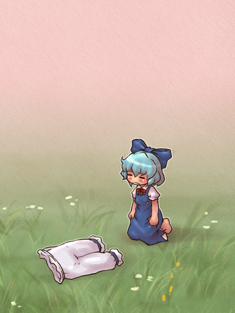 sankuma, cirno, embodiment of scarlet devil, touhou, 1girl, = =, barefoot, bloomers, blue dress, blue hair, bow, clothes grab, dress, dress grab, female focus, flower, grass, hair bow, kneeling, no wings, short hair, short sleeves, solo, underwear