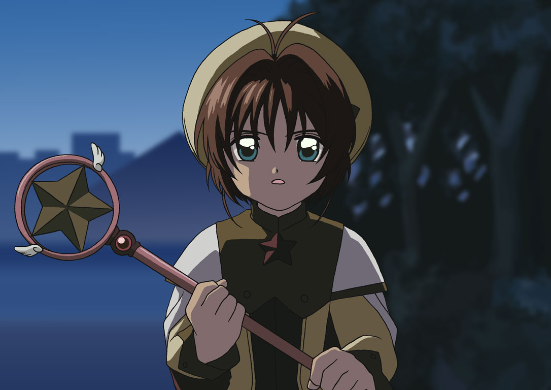 yuuya (musaishoku), kinomoto sakura, cardcaptor sakura, bad id, bad pixiv id, 1990s (style), 1girl, antenna hair, blue eyes, brown hair, child, female focus, hat, hoshi no tsue, magical girl, retro artstyle, solo, staff, yellow hat