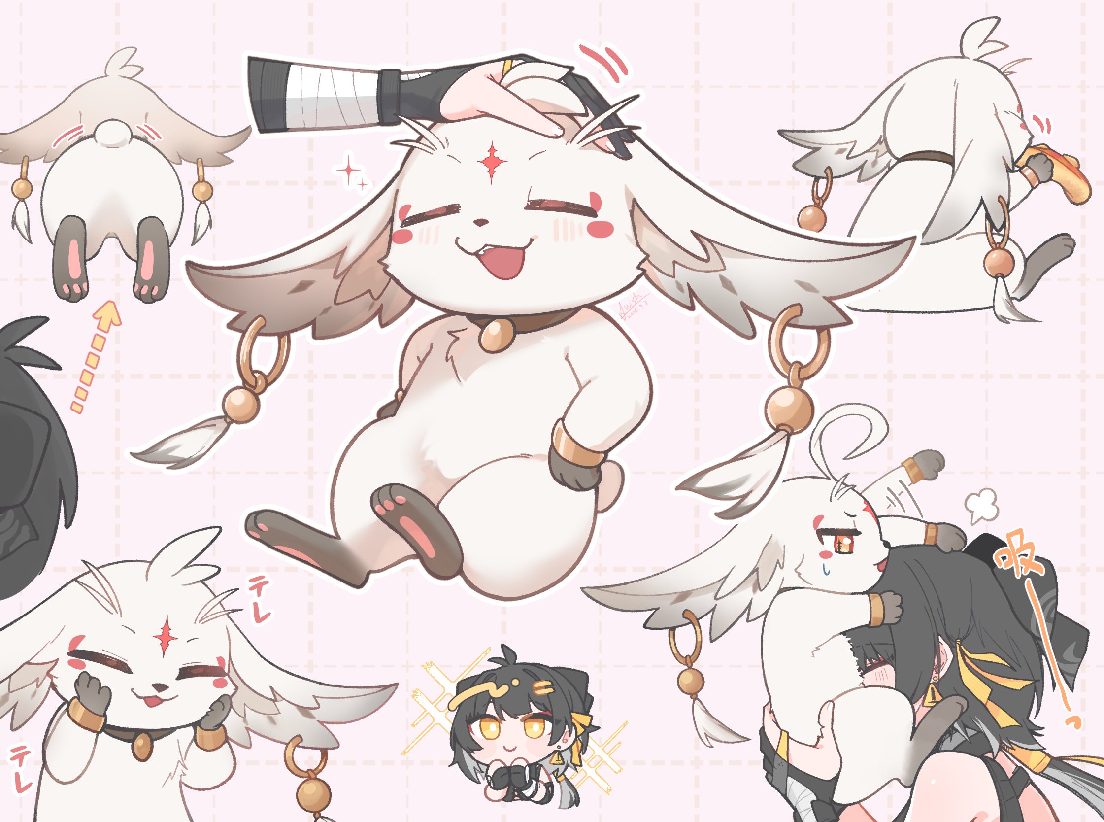 starblame, abby (wuthering waves), female rover (wuthering waves), rover (wuthering waves), wuthering waves, commentary request, highres, 1girl, bare shoulders, black bow, black gloves, black hair, bow, closed eyes, closed mouth, colored inner hair, earrings, eating, food, gloves, hair bow, hair ribbon, headpat, jewelry, looking at another, low ponytail, multicolored hair, multiple views, open mouth, partially fingerless gloves, pizza, ponytail, ribbon, smile, sparkle, sparkling aura, triangle earrings, white hair, yellow eyes, yellow ribbon