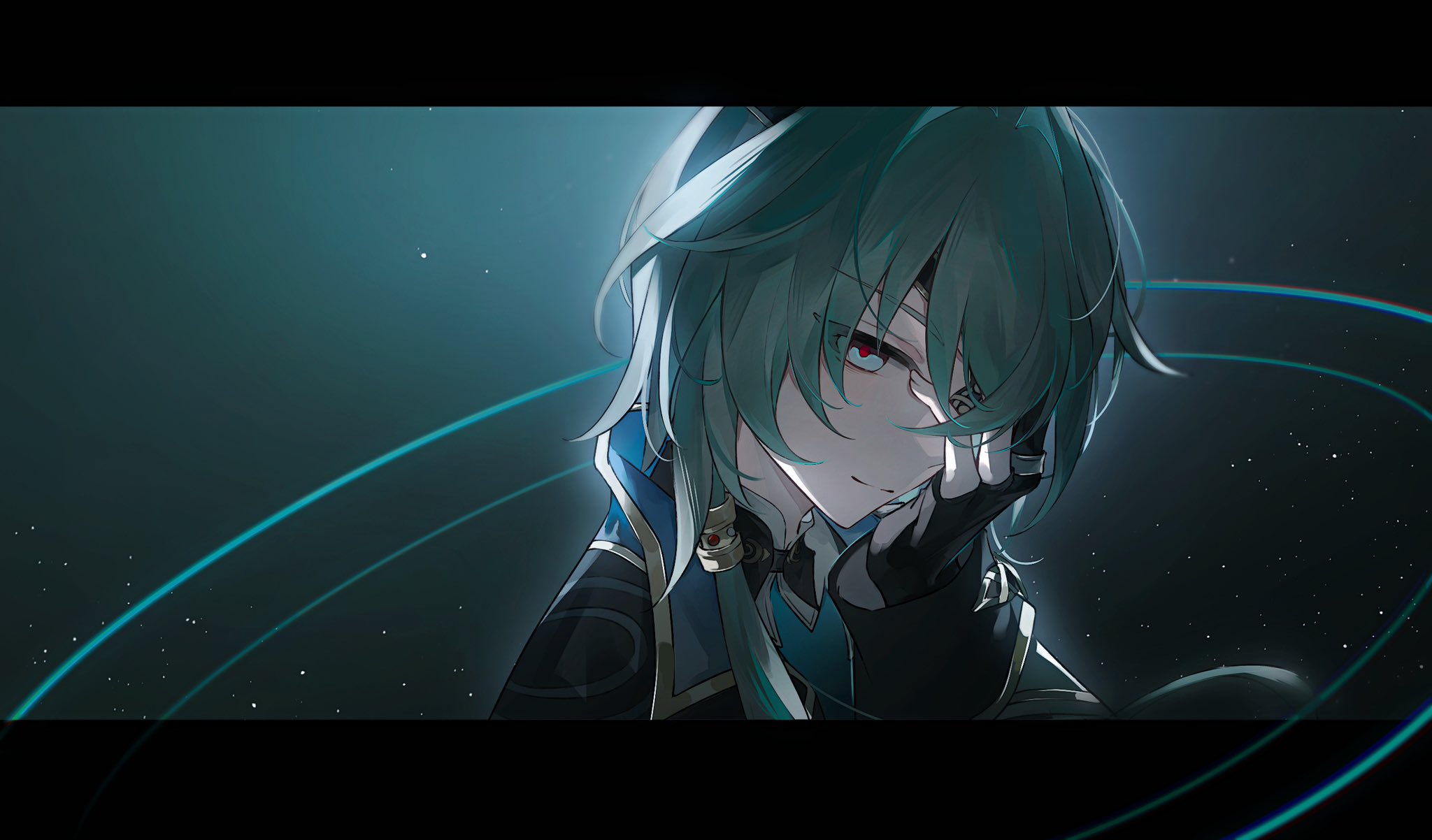 anaxa (honkai: star rail), honkai: star rail, honkai (series), highres, 1boy, aqua hair, black gloves, black jacket, blue eyes, closed mouth, eyepatch, fingerless gloves, gem, gloves, hair between eyes, hair intakes, hand up, jacket, lapels, letterboxed, looking at viewer, male focus, mandarin collar, medium hair, notched lapels, one eye covered, pink pupils, red gemstone, side ponytail, smile, solo, thorn72132528