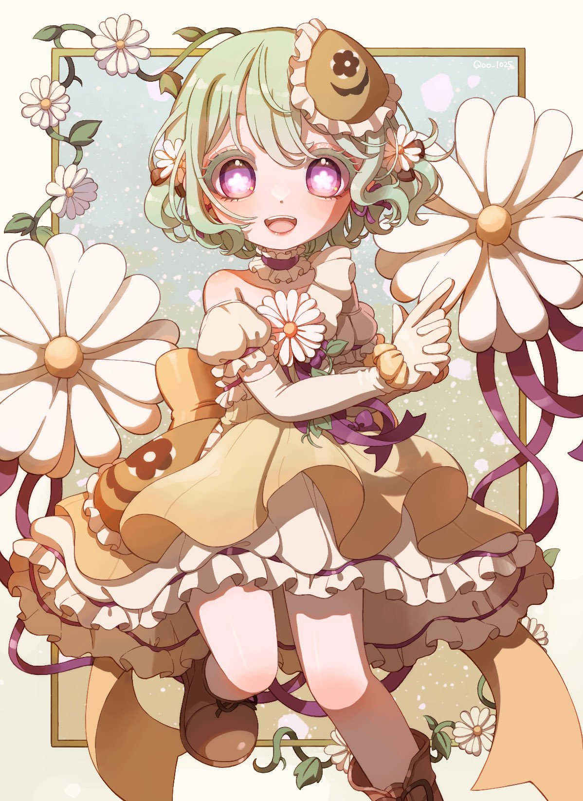 qoo 1025, magical daisy, mahou shoujo ikusei keikaku, mahou shoujo ikusei keikaku restart, highres, 1girl, dress, elbow gloves, finger gun, floral background, flower, flower in eye, flower ornament, frilled dress, frills, gloves, green eyes, hair ornament, magical girl, pink eyes, purple ribbon, ribbon, shoes, short hair, smile, solo, symbol in eye, white gloves