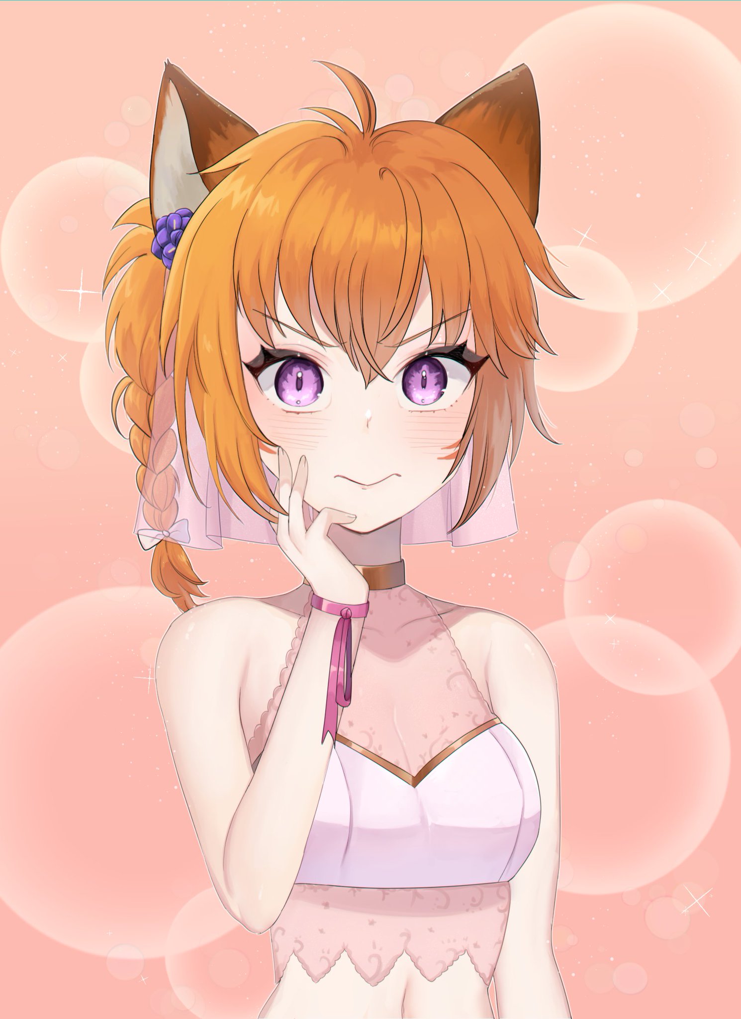 lilshironeko, lyre (fire emblem), fire emblem, fire emblem: radiant dawn, nintendo, commission, commissioner upload, highres, 1girl, alternate costume, animal ears, bare shoulders, blush, bow, braid, breasts, bridal veil, cat ears, cat girl, cleavage, closed mouth, eyelashes, facepaint, facial mark, flower, gold choker, hair bow, hair flower, hair ornament, hand on own face, looking at viewer, messy hair, orange hair, pink ribbon, purple eyes, purple flower, ribbon, see-through clothes, simple background, slit pupils, solo, sparkle, veil, whisker markings, white bow, wrist ribbon