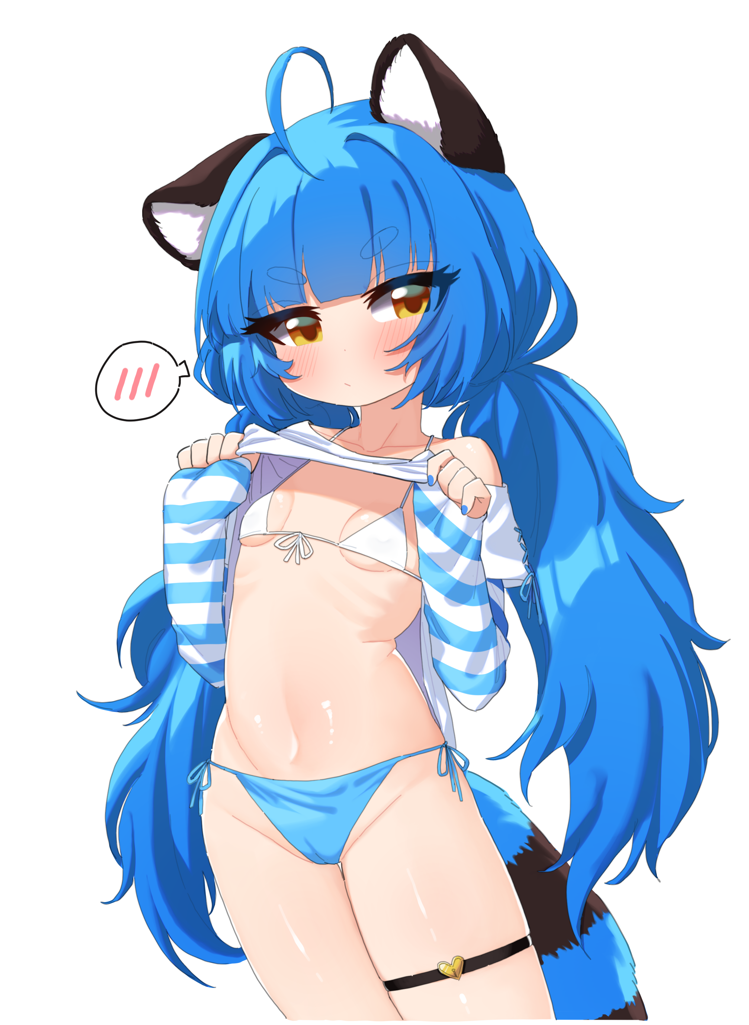 ryoshi, poko rakun, chromashift, absurdres, highres, 1girl, ahoge, animal ears, bikini, blue hair, breasts, clothes lift, lifting own clothes, long hair, navel, side-tie bikini bottom, simple background, small breasts, solo, swimsuit, tail, twintails, virtual youtuber, white background