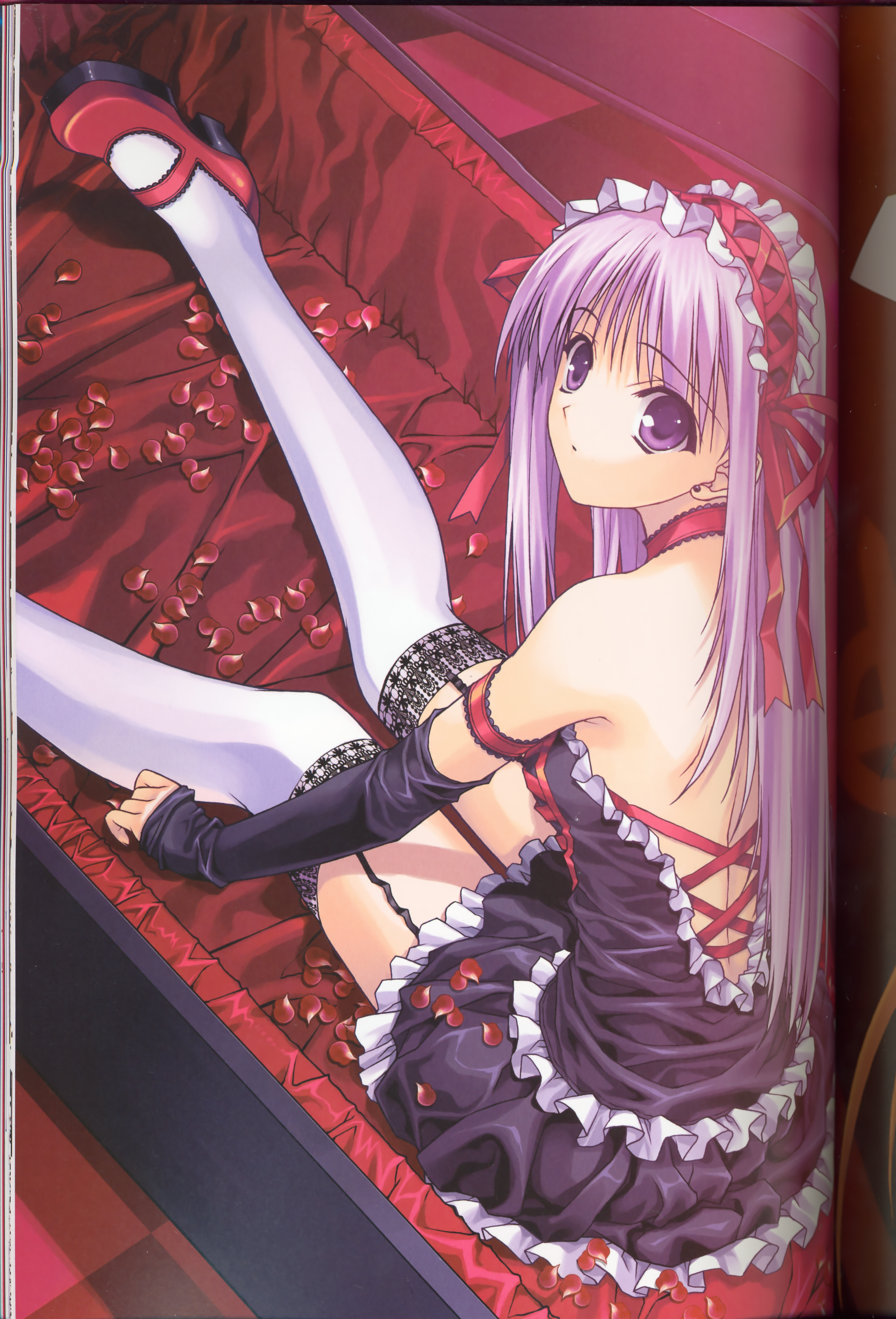 suzuhira hiro, light purple hair, absurdres, highres, 1girl, choker, dress, earrings, female focus, indoors, jewelry, long hair, looking back, petals, purple eyes, purple hair, sitting, solo, thighhighs, white thighhighs