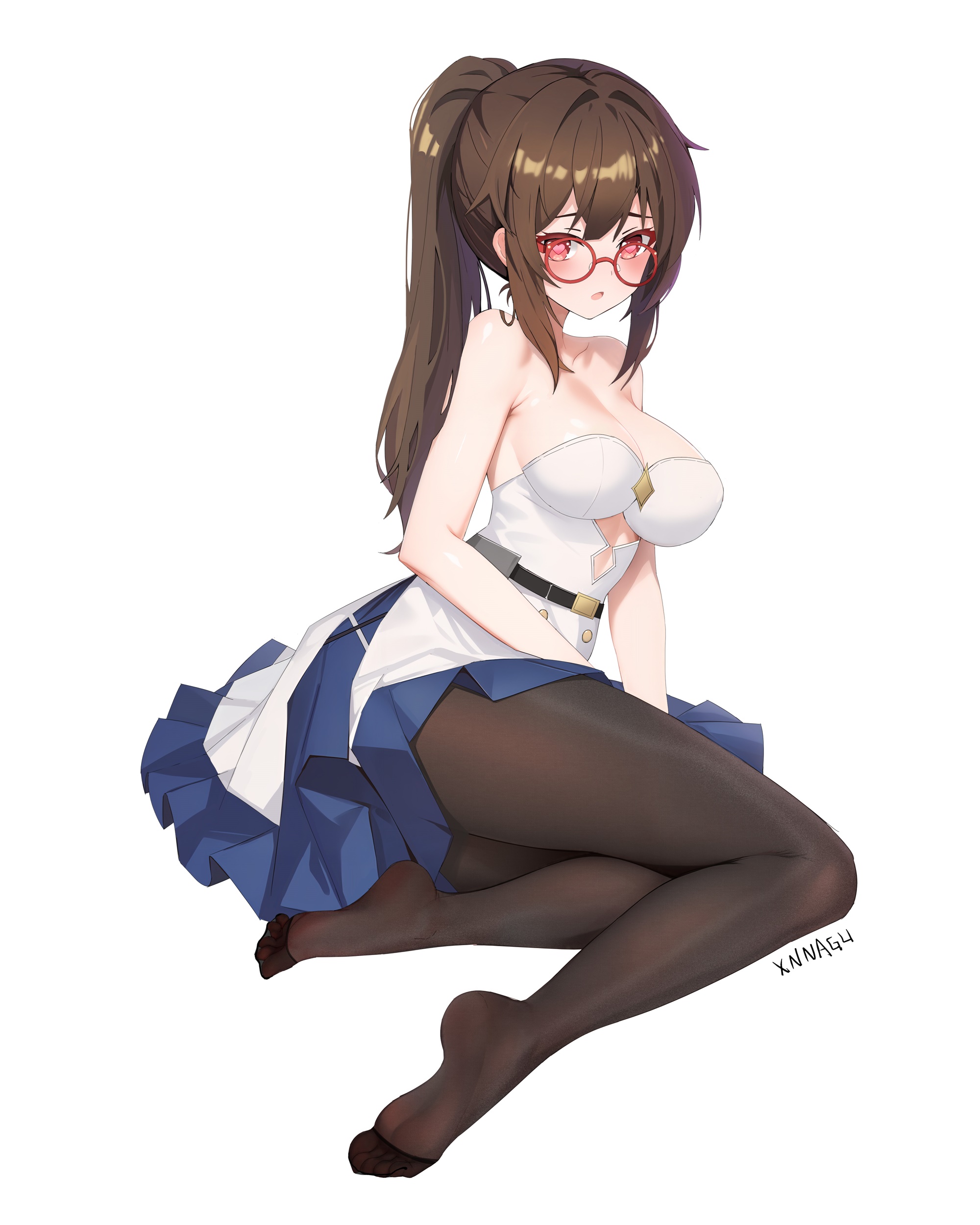 xnnagu, original, absurdres, highres, 1girl, bare arms, bare shoulders, black pantyhose, blue skirt, breasts, brown hair, dress, feet, glasses, large breasts, long hair, looking at viewer, no shoes, open mouth, pantyhose, ponytail, red-framed eyewear, red eyes, round eyewear, sidelocks, skirt, sleeveless, sleeveless dress, soles, solo, strapless, strapless dress, white dress