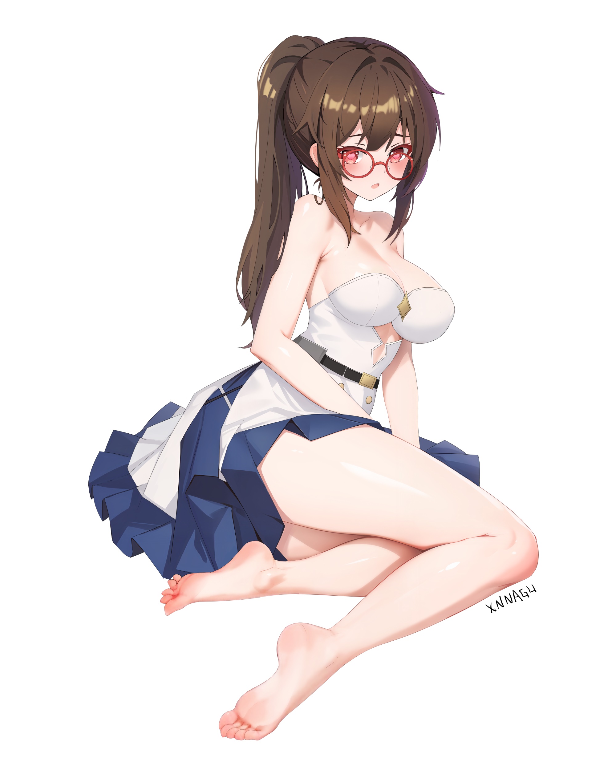 xnnagu, original, absurdres, highres, 1girl, bare arms, bare legs, bare shoulders, barefoot, blue skirt, breasts, brown hair, dress, feet, glasses, large breasts, long hair, looking at viewer, open mouth, ponytail, red-framed eyewear, red eyes, round eyewear, sidelocks, skirt, sleeveless, sleeveless dress, soles, solo, strapless, strapless dress, white dress