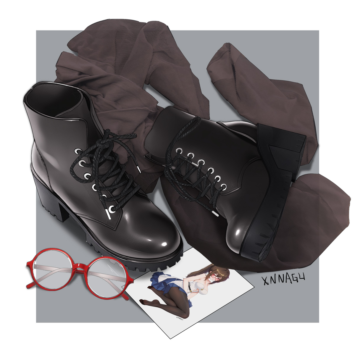xnnagu, original, highres, 1girl, bare arms, bare shoulders, black boots, black pantyhose, blue skirt, boots, breasts, brown hair, dress, glasses, large breasts, long hair, looking at viewer, no shoes, open mouth, pantyhose, ponytail, red-framed eyewear, red eyes, round eyewear, shoes, sidelocks, skirt, sleeveless, sleeveless dress, socks, solo, strapless, strapless dress, unworn shoes, unworn socks, white dress