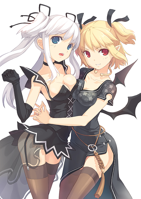 h2so4, nao (mabinogi), succubus (mabinogi), mabinogi, silver hair, bad id, bad pixiv id, 2girls, bat wings, blonde hair, blue eyes, breast press, breasts, cleavage, cosplay, costume switch, demon girl, elbow gloves, gloves, multiple girls, pointy ears, red eyes, symmetrical docking, thighhighs, wings, yuri