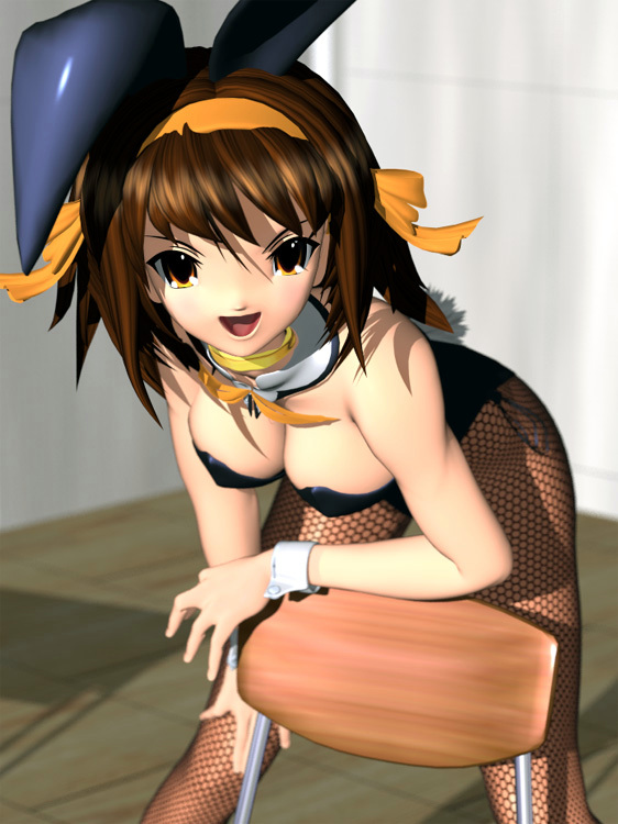 suzumiya haruhi, suzumiya haruhi no yuuutsu, 00s, 1girl, 3d, animal ears, bent over, breasts, brown eyes, brown hair, chair, cleavage, fake animal ears, female focus, fishnet pantyhose, fishnets, hairband, large breasts, leotard, pantyhose, playboy bunny, rabbit ears, ribbon, solo