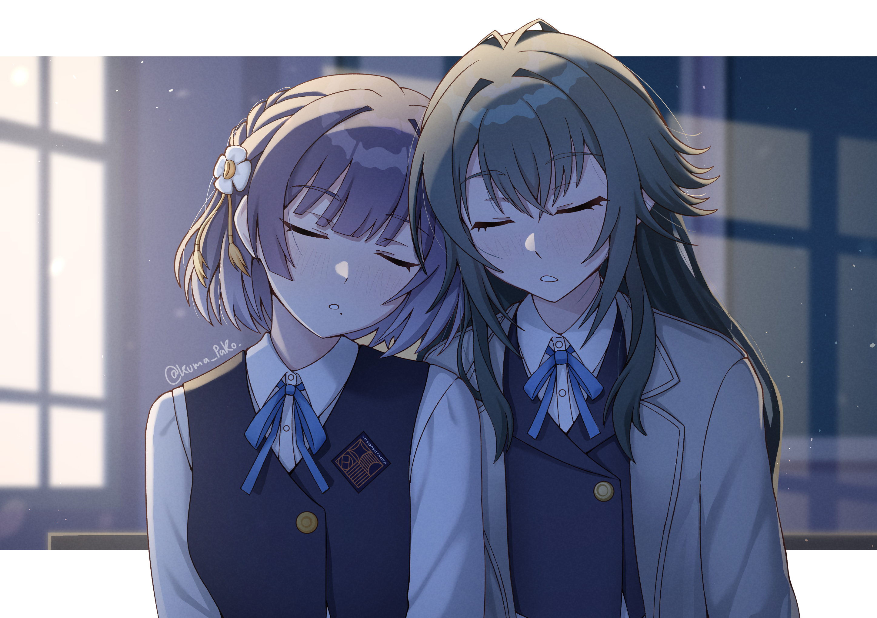kumapako, hataya misuzu, tsukimura temari, gakuen idolmaster, idolmaster, commentary, commentary request, highres, symbol-only commentary, 2girls, blue ribbon, blue vest, blush, closed eyes, collared shirt, flower, green hair, hair flaps, hair flower, hair ornament, hatsuboshi gakuen school uniform, jacket, letterboxed, long hair, long sleeves, mole, mole under mouth, multiple girls, neck ribbon, outside border, purple hair, ribbon, school uniform, shirt, short hair, sleeping, twitter username, upper body, vest, white shirt, window shadow