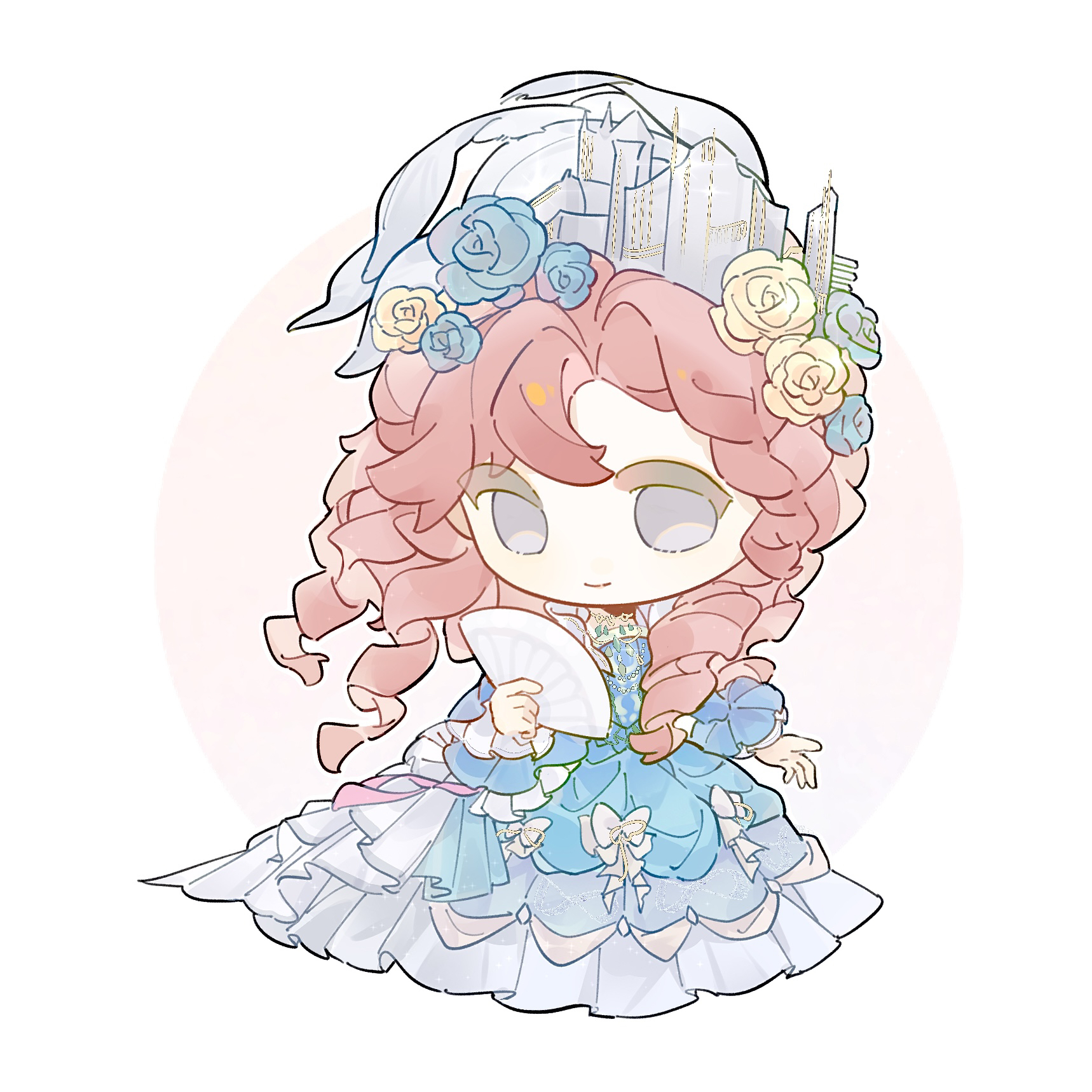 infinity nikki, nikki (series), chinese commentary, commentary request, highres, 1girl, blue bonnet, blue dress, blue flower, blue rose, bonnet, bow, chibi, circle, closed mouth, dress, dress bow, drill hair, echoed dreams (infinity nikki), eyes visible through hair, flower, folding fan, frilled dress, frilled sleeves, frills, gold necklace, gown, green flower, hair between eyes, hair flower, hair ornament, hair over shoulder, hand fan, happy, hat feather, holding, holding fan, jewelry, juliet sleeves, long dress, long hair, long sleeves, necklace, official alternate color, pink background, pink hair, puffy sleeves, purple eyes, rose, smile, solo, standing, tareme, town, triti, two-tone background, victorian, white background, white bow, yellow flower, yellow rose