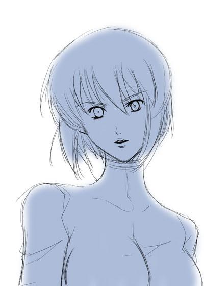 kusanagi motoko, ghost in the shell, ghost in the shell: stand alone complex, 00s, 1girl, blue theme, breasts, female focus, monochrome, short hair, simple background, sketch, solo