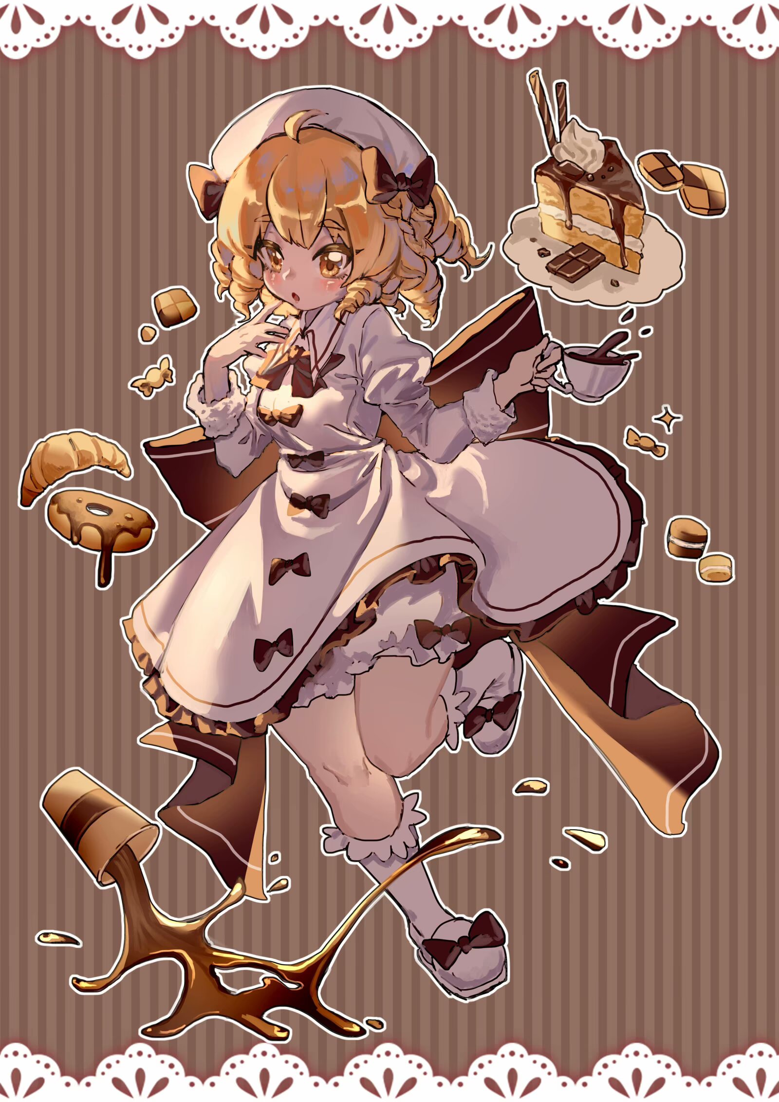 shouxishao jiuyuan, luna child, touhou, commentary request, highres, 1girl, back bow, blonde hair, bloomers, blush, border, bow, bowtie, brown background, brown bow, brown bowtie, cake, cake slice, candy, checkerboard cookie, coffee, collared dress, cookie, croissant, cup, disposable coffee cup, disposable cup, donut, dress, drill hair, finger to mouth, food, frilled dress, frills, hat, hat bow, holding, holding cup, juliet sleeves, knees, lace, lace border, long sleeves, medium hair, ornate border, parted lips, puffy sleeves, sandwich cookie, slippers, socks, solo, spilling, striped background, teacup, thighs, underwear, white bloomers, white dress, white hat, white slippers, white socks, yellow eyes