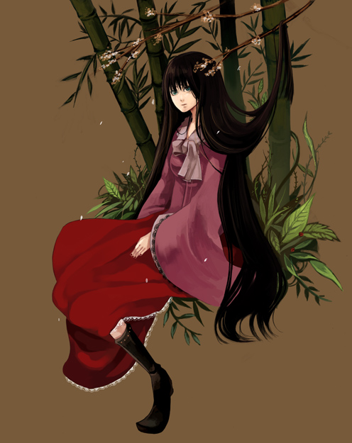 riku (artist), riku (wana), houraisan kaguya, touhou, bad id, bad pixiv id, 1girl, black hair, female focus, long hair, outdoors, plant, sitting, solo, tree